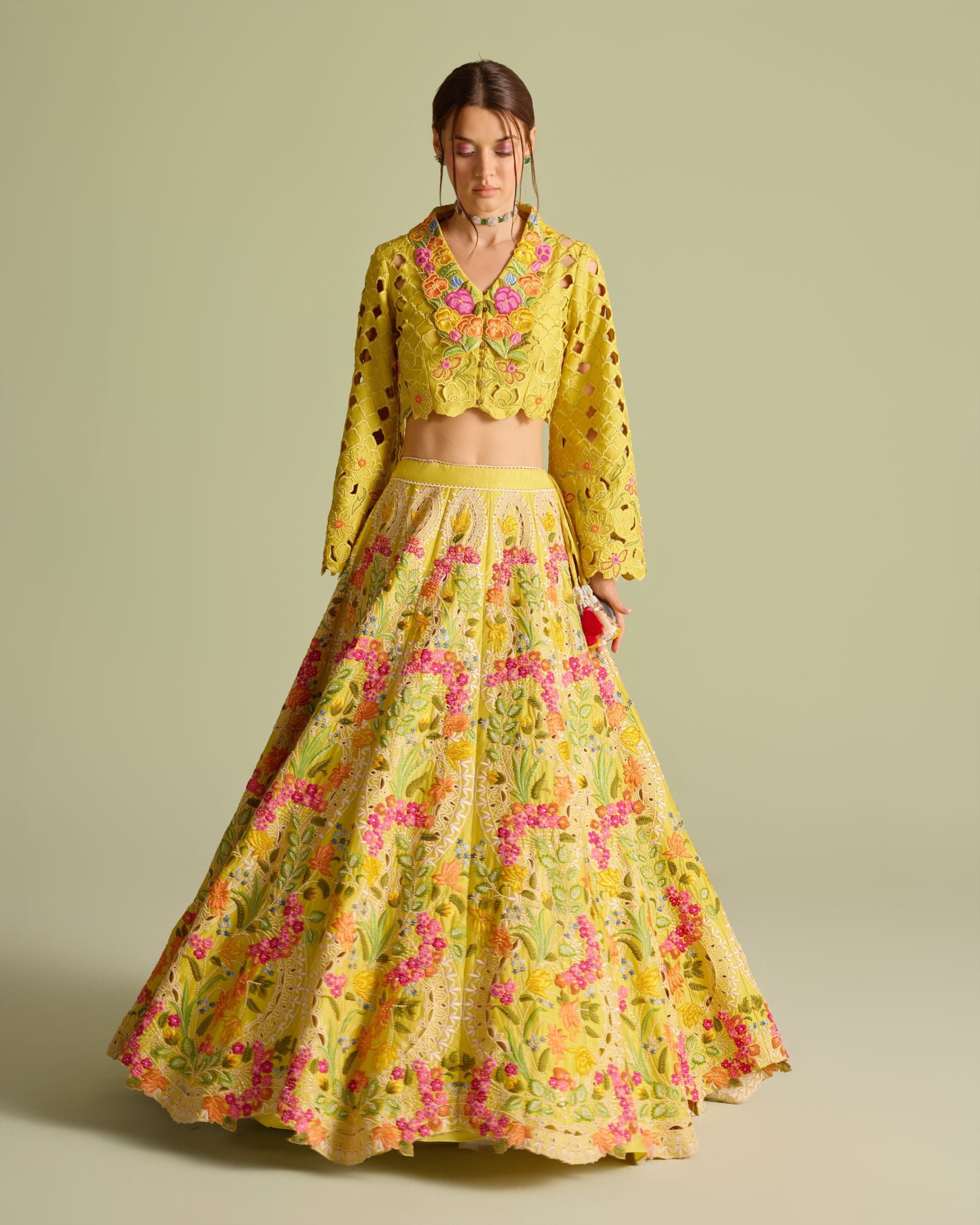 Yellow Multicolored Floral Embroidered Lehenga