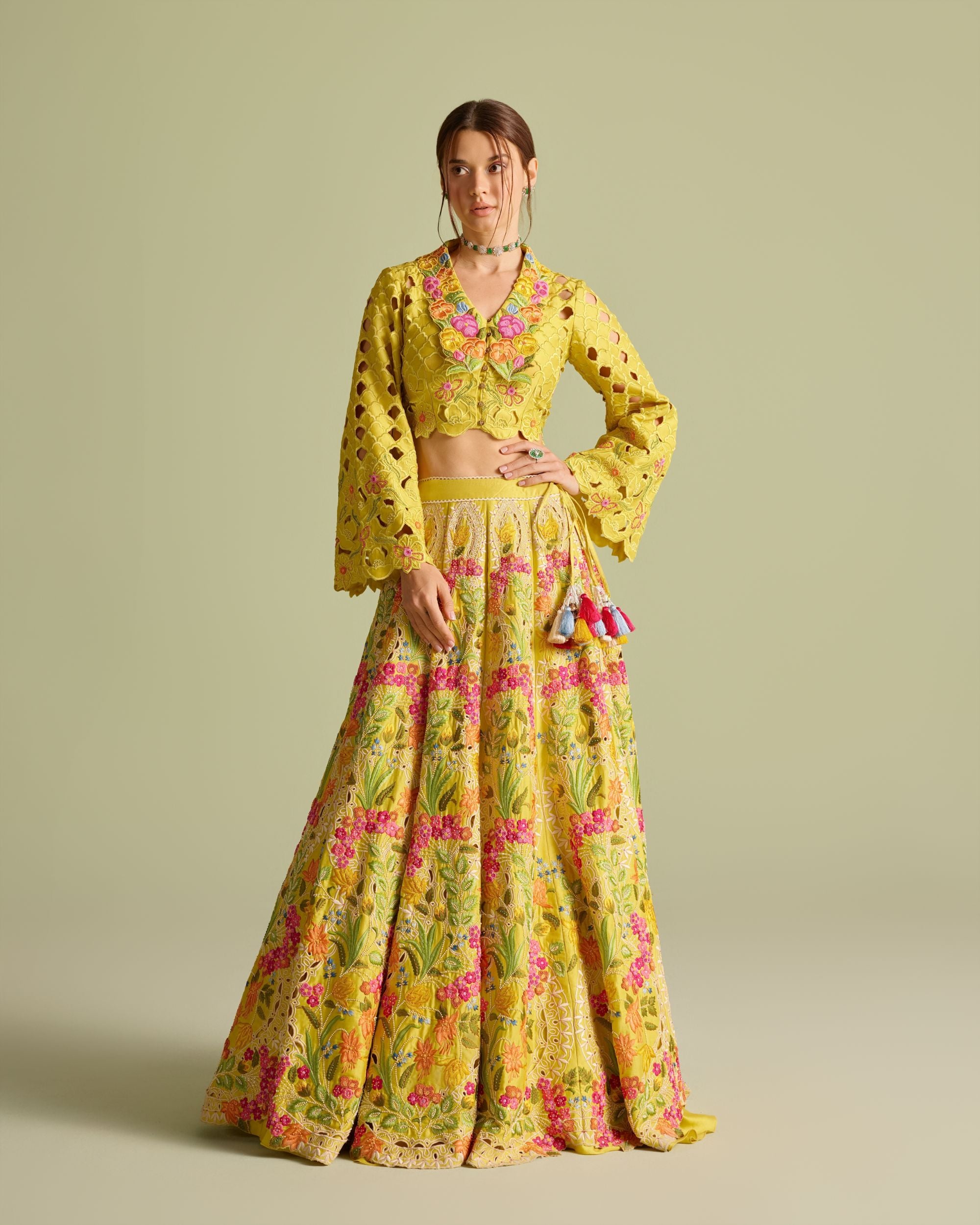 Yellow Multicolored Floral Embroidered Lehenga