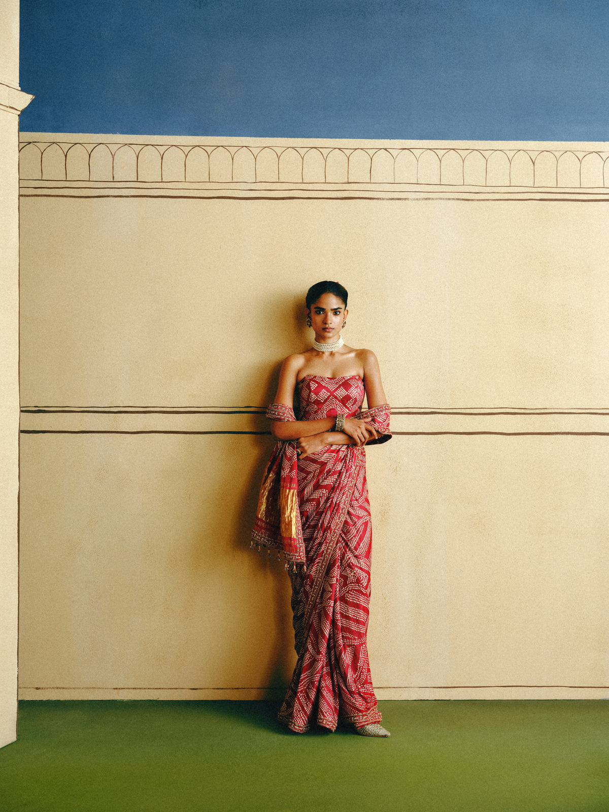 Red Bandhani Corset Saree