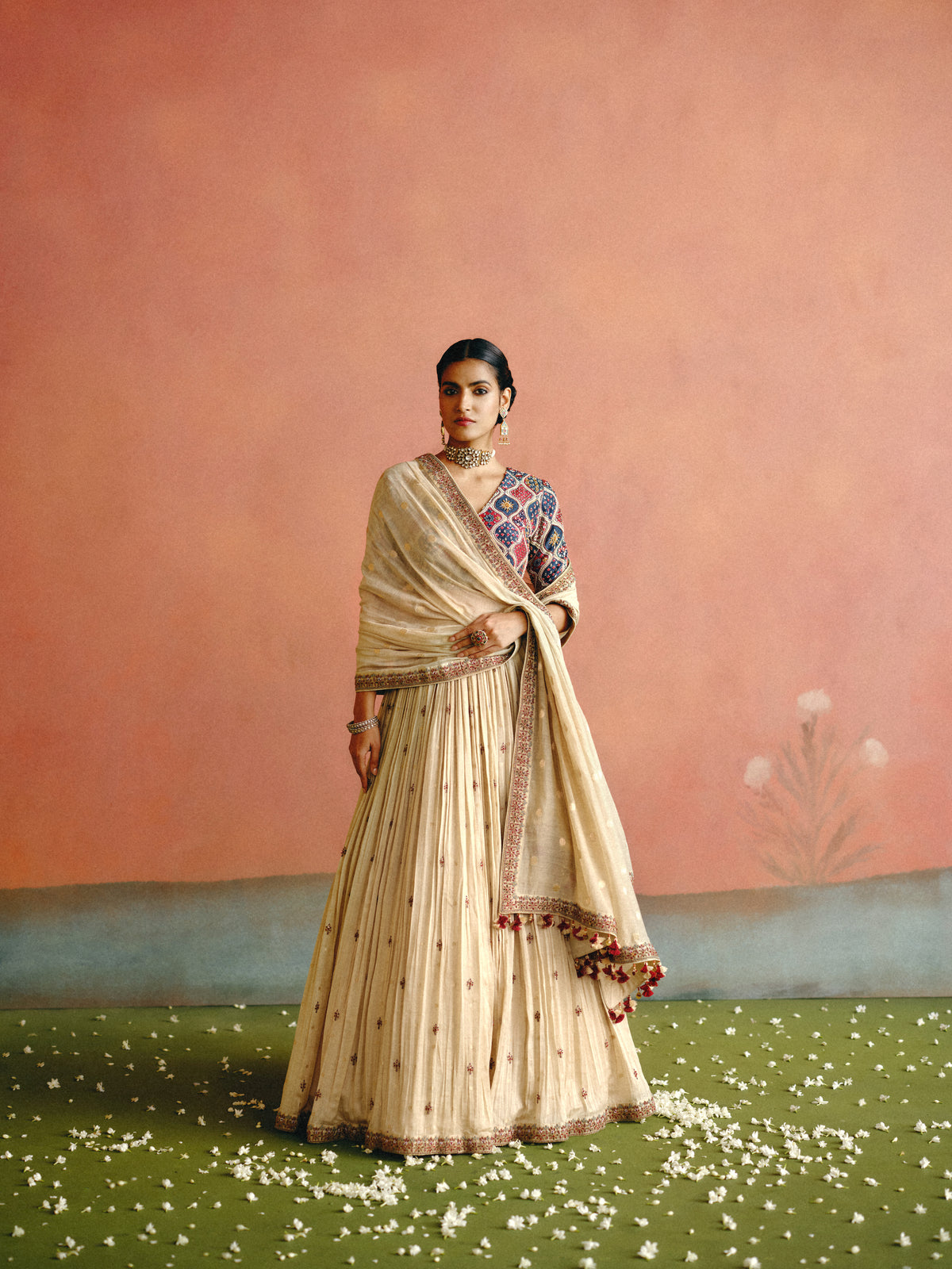 Ivory-Ajrakh lehenga