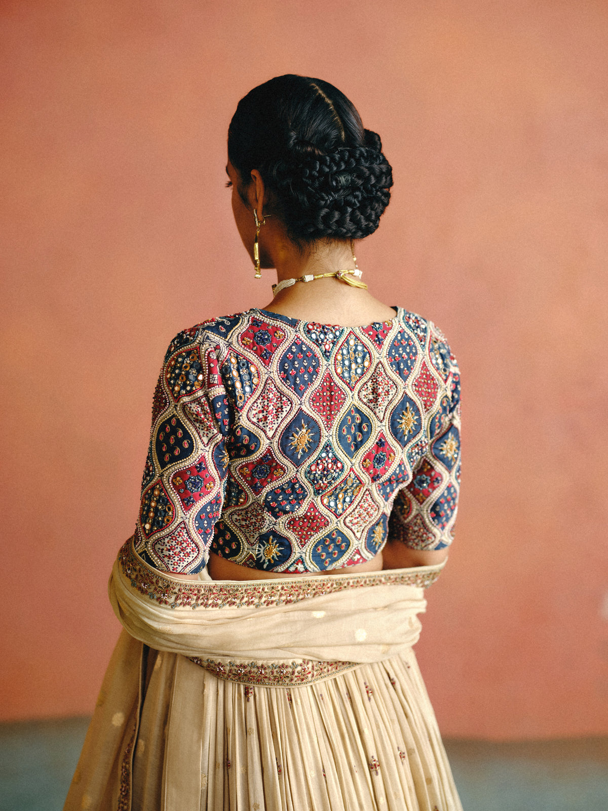 Ivory-Ajrakh lehenga