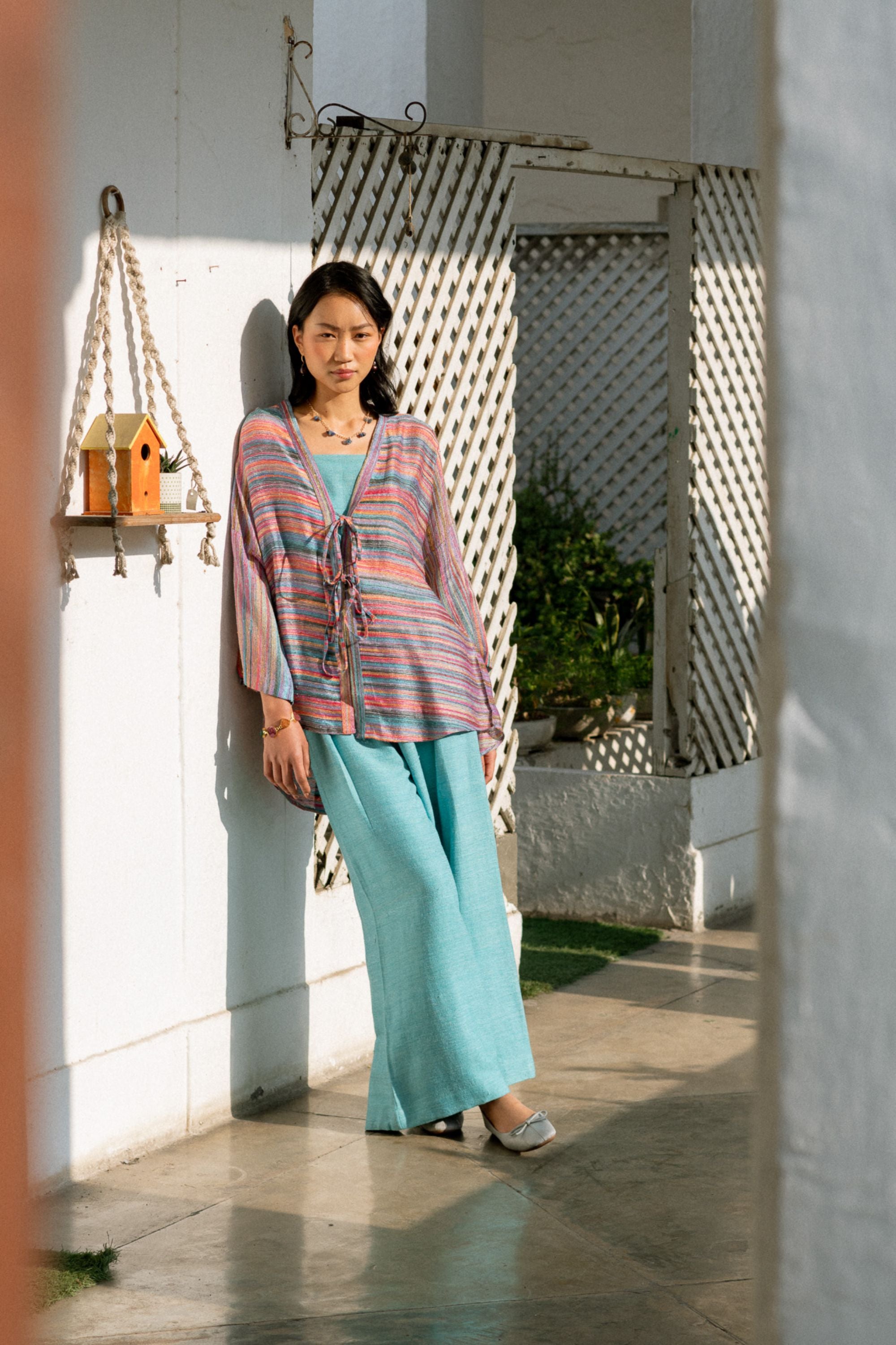 Textured Linen Shrug with Back Slit & Ice Blue Ensemble