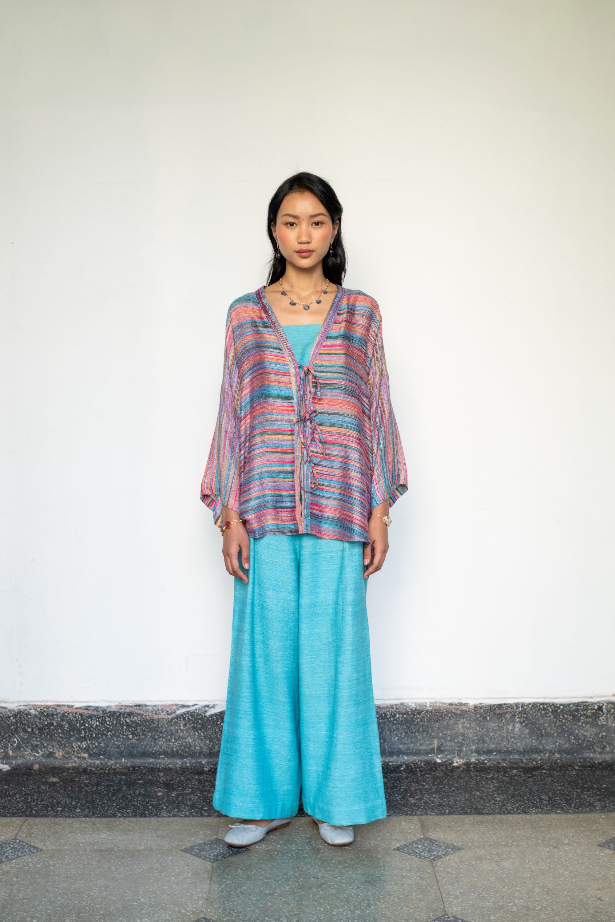 Textured Linen Shrug with Back Slit & Ice Blue Ensemble