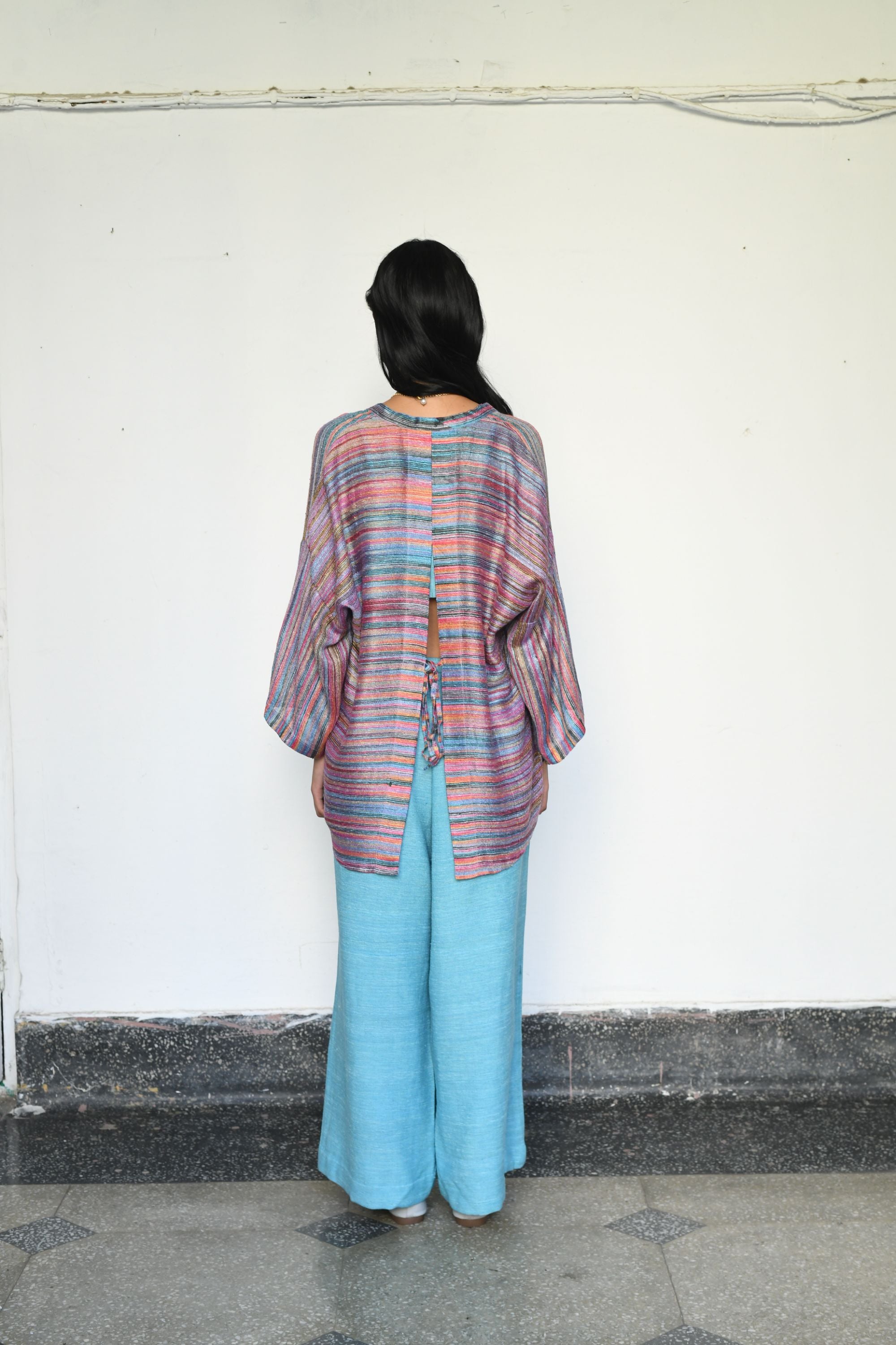 Textured Linen Shrug with Back Slit & Ice Blue Ensemble
