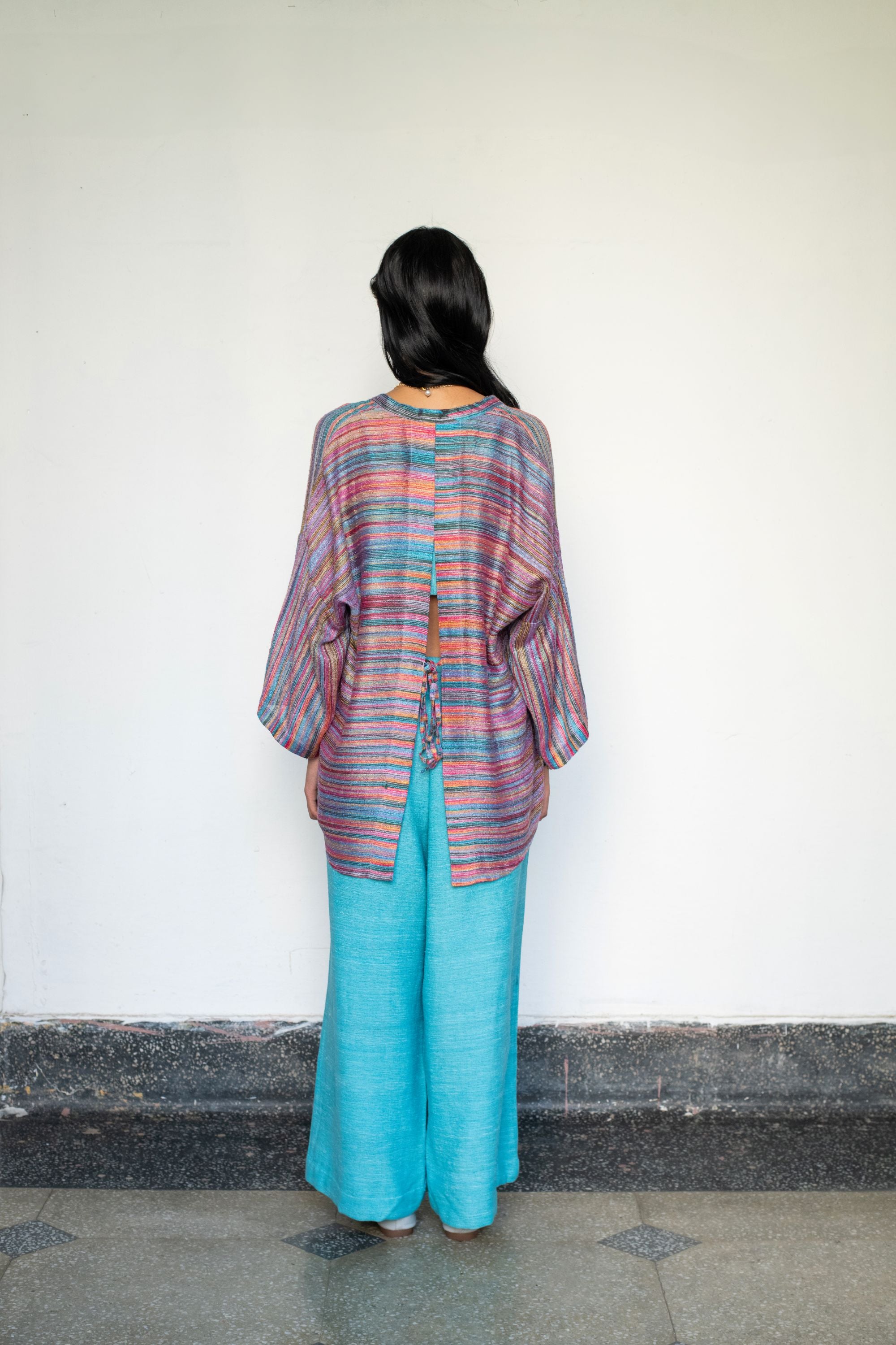 Textured Linen Shrug with Back Slit & Ice Blue Ensemble