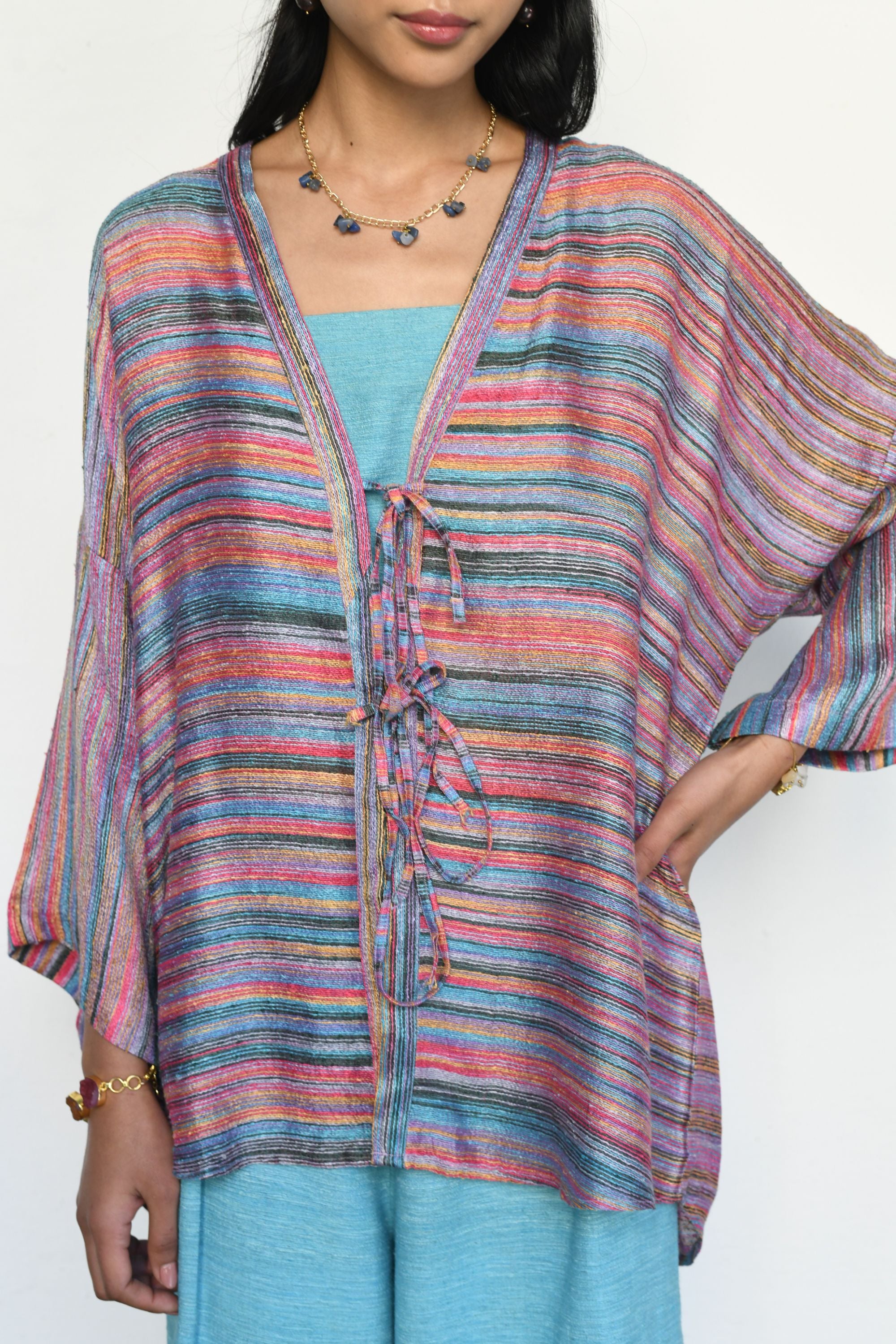 Textured Linen Shrug with Back Slit & Ice Blue Ensemble
