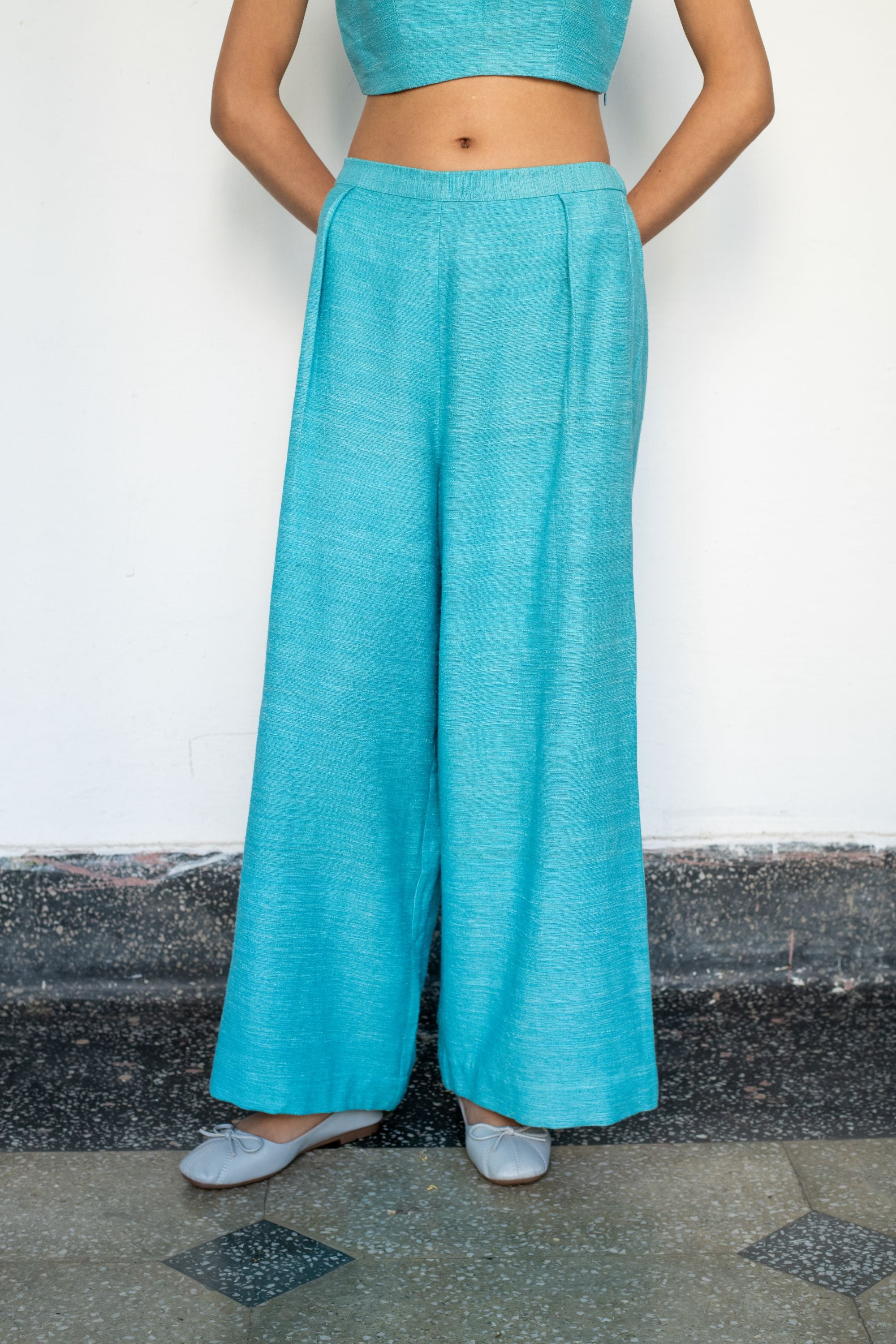 Textured Linen Shrug with Back Slit & Ice Blue Ensemble
