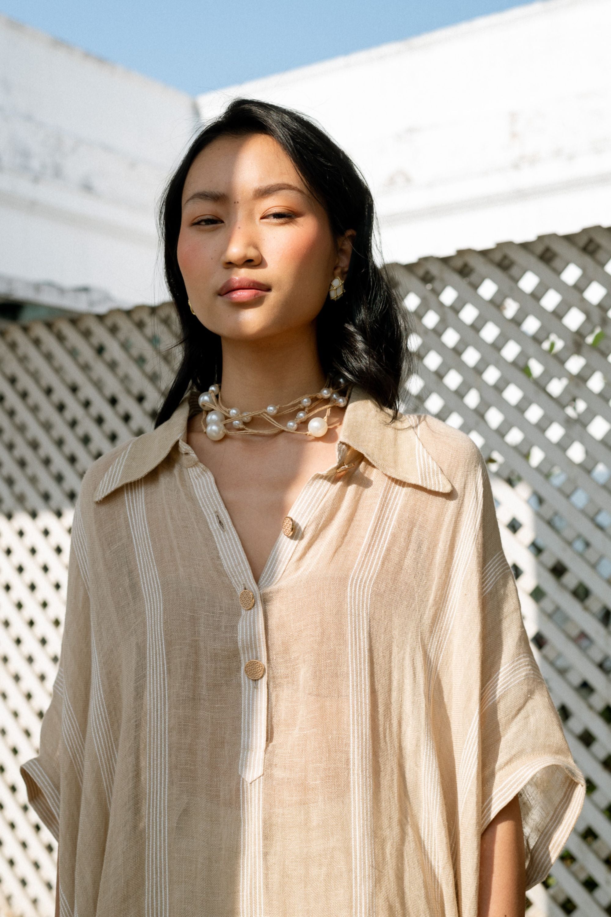Beige Linen Kaftan Shirt with Flowing Flared Pants