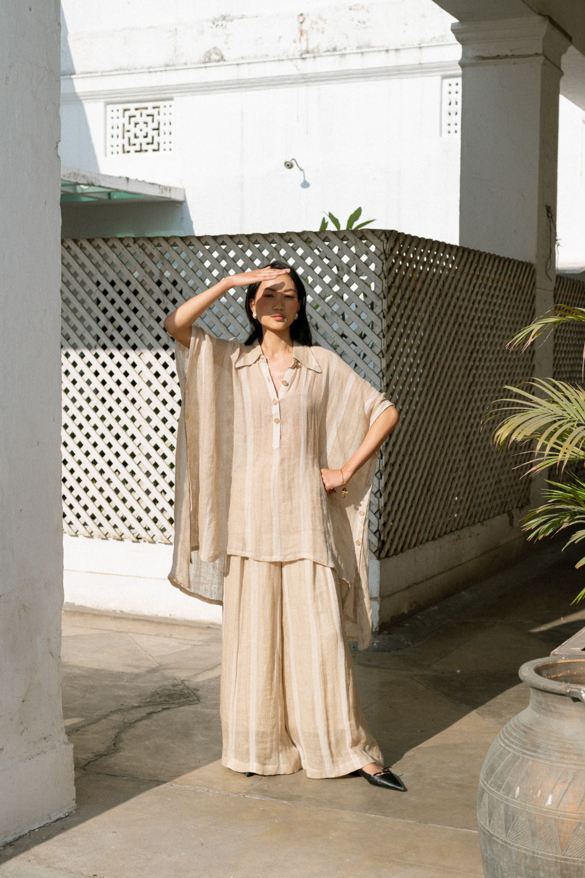 Beige Linen Kaftan Shirt with Flowing Flared Pants