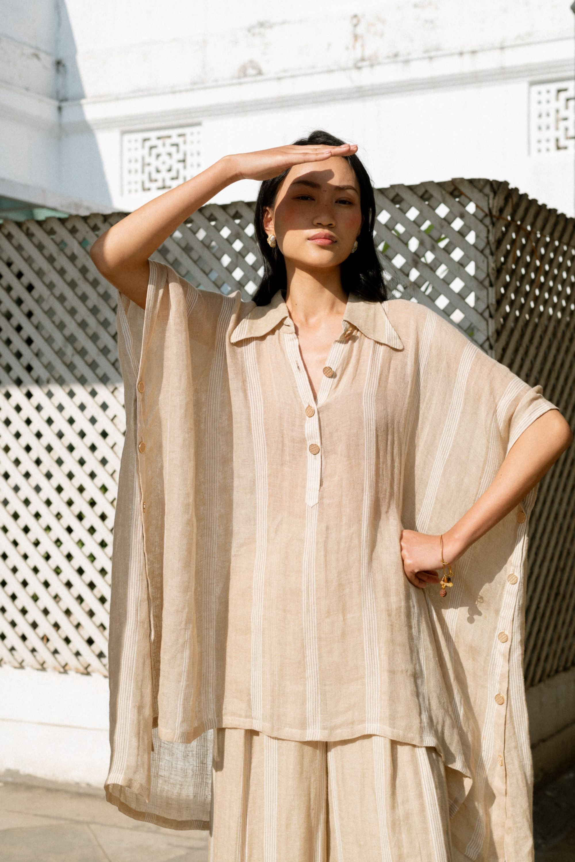 Beige Linen Kaftan Shirt with Flowing Flared Pants