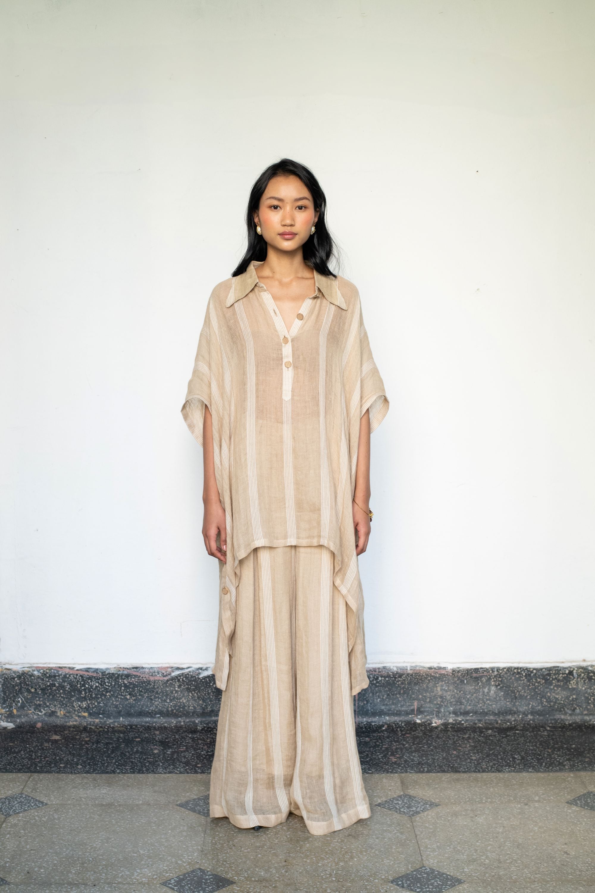 Beige Linen Kaftan Shirt with Flowing Flared Pants