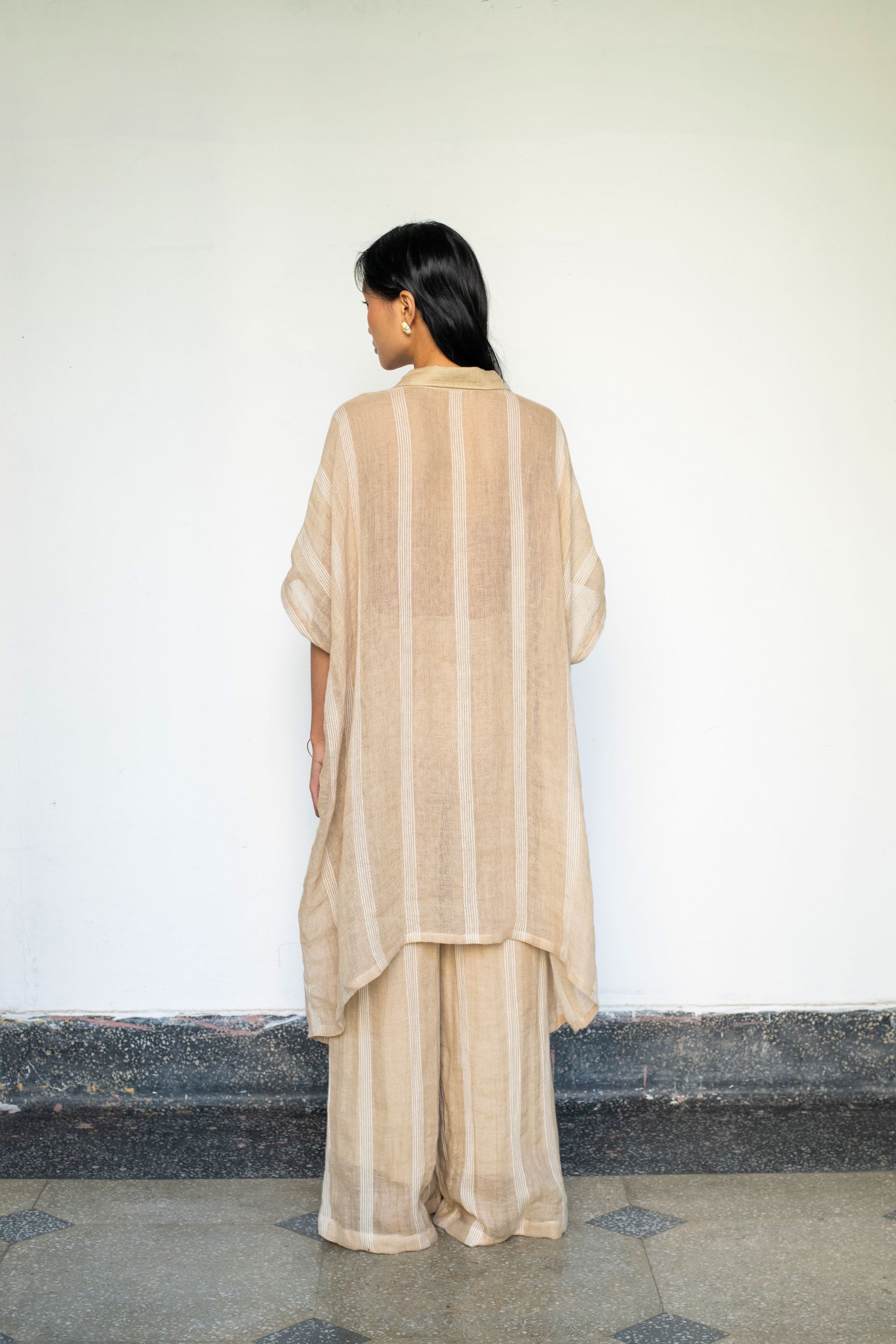 Beige Linen Kaftan Shirt with Flowing Flared Pants