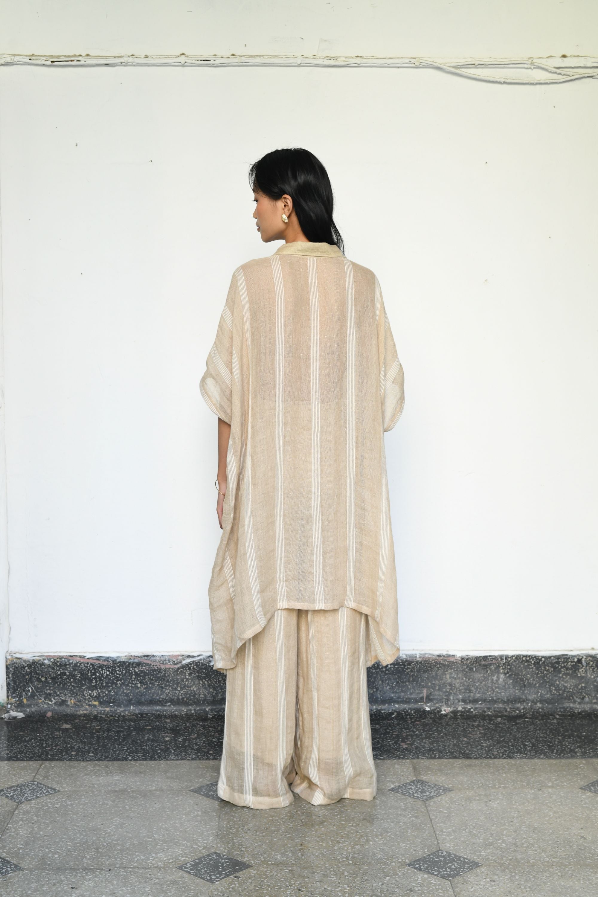 Beige Linen Kaftan Shirt with Flowing Flared Pants
