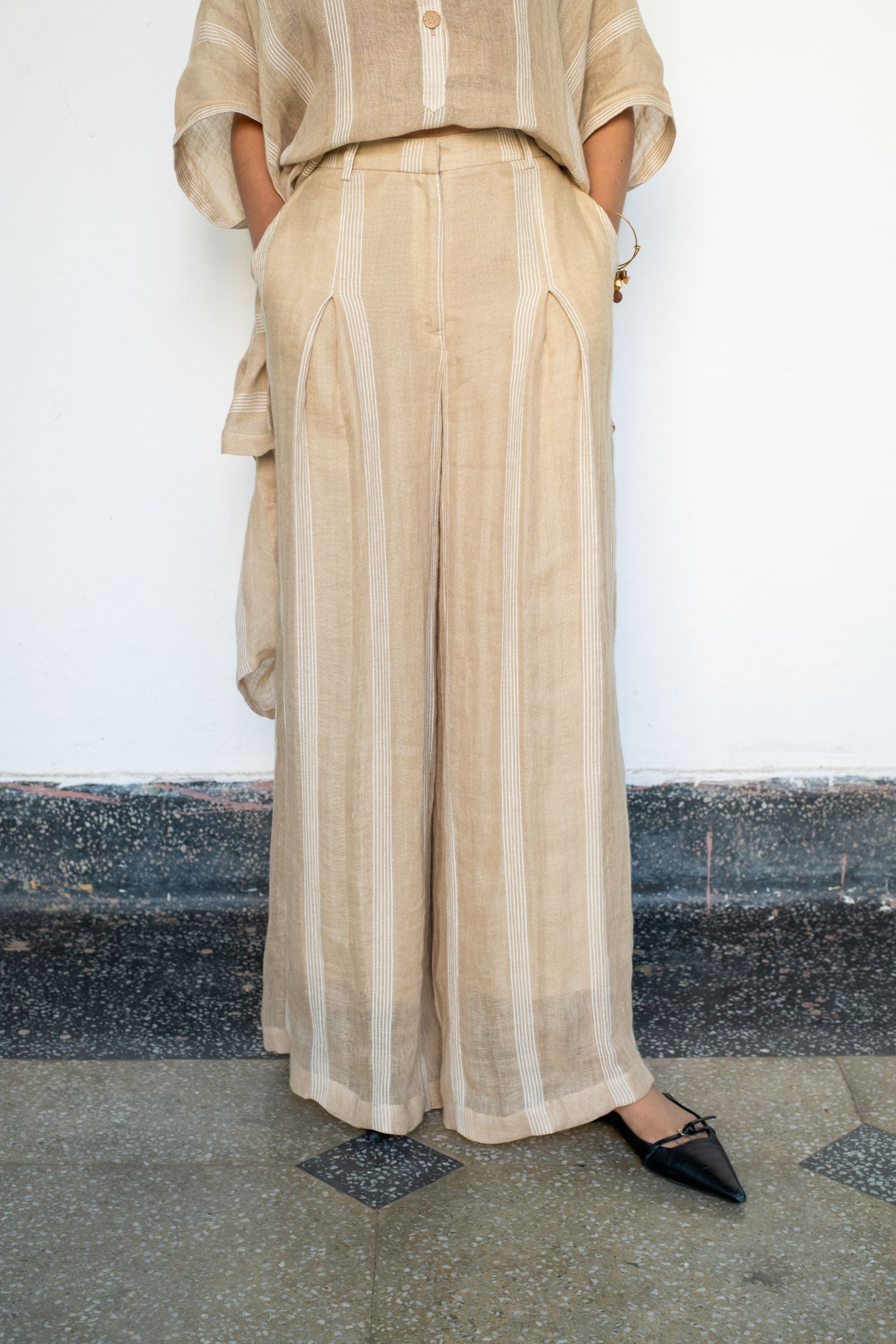 Beige Linen Kaftan Shirt with Flowing Flared Pants