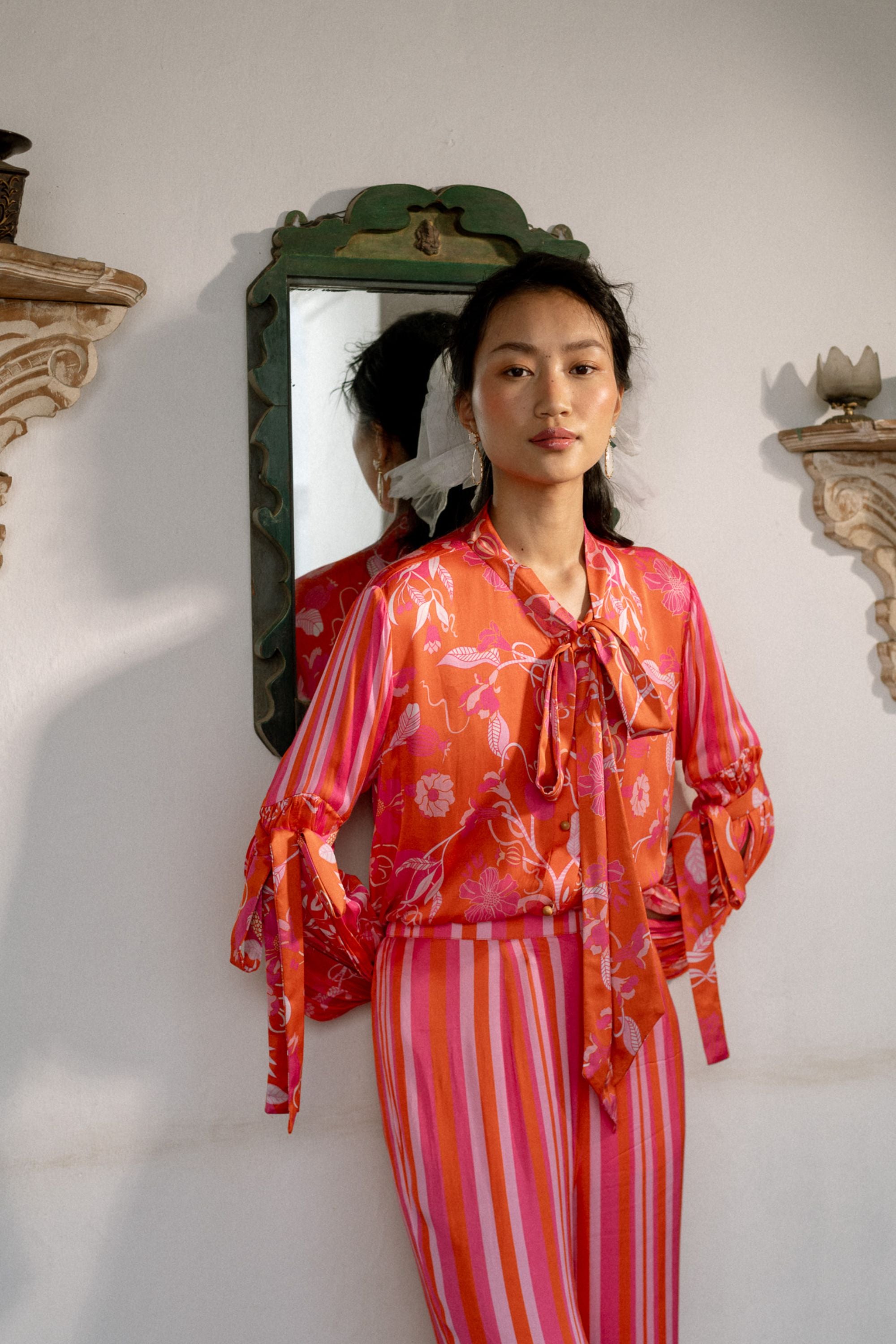 Modal Satin Tie-Knot Top with Slit Sleeves & Striped Pants