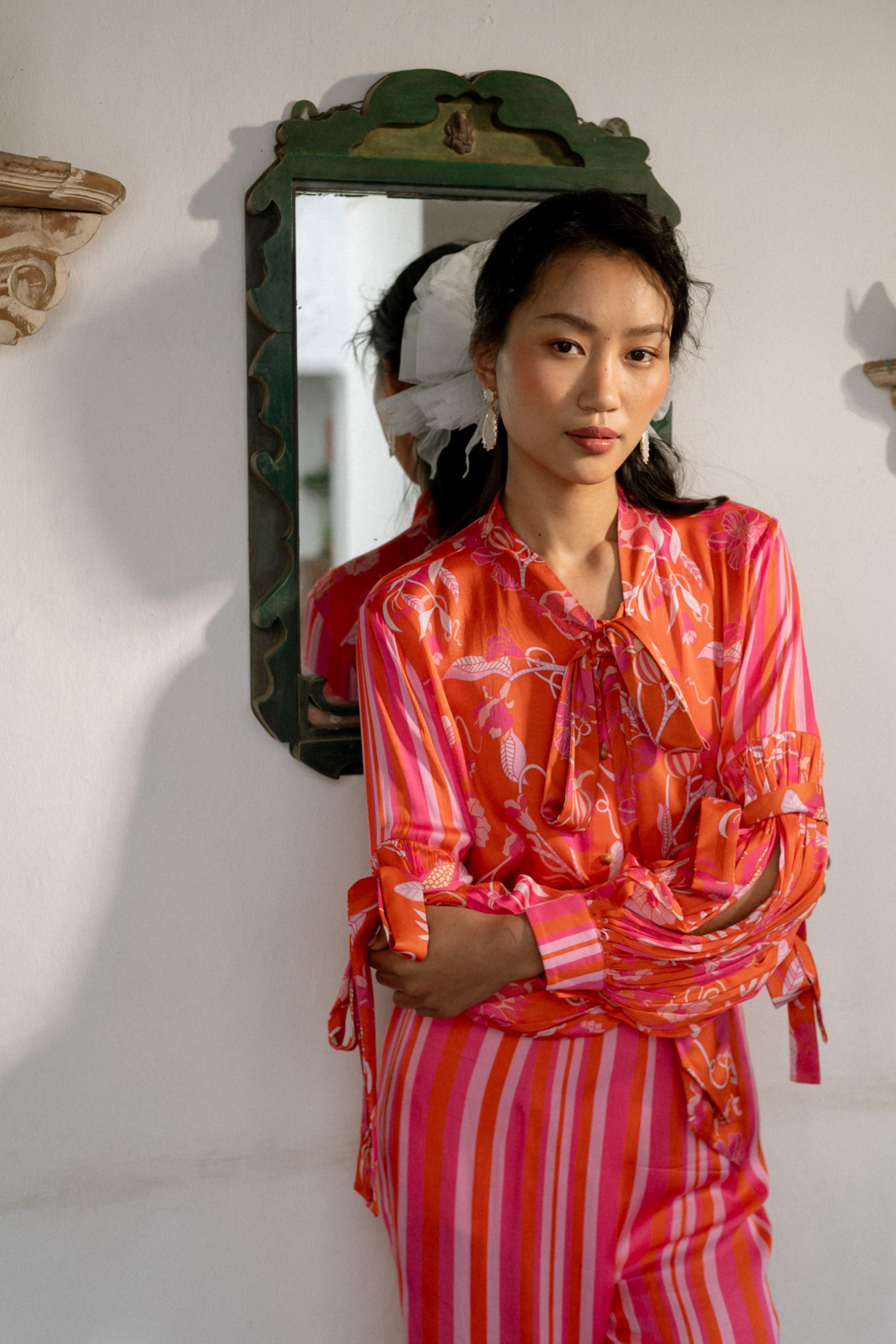 Modal Satin Tie-Knot Top with Slit Sleeves & Striped Pants