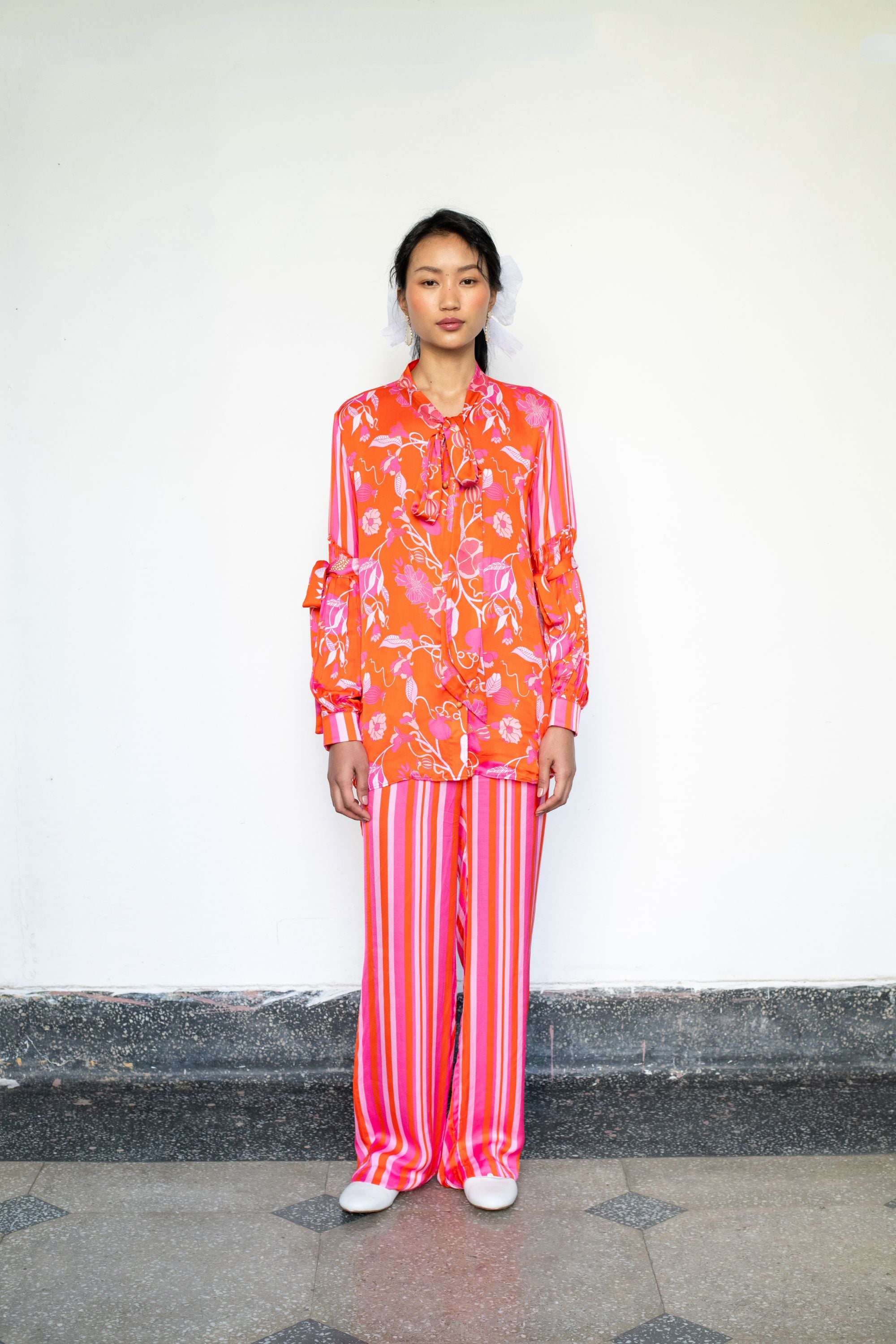 Modal Satin Tie-Knot Top with Slit Sleeves & Striped Pants