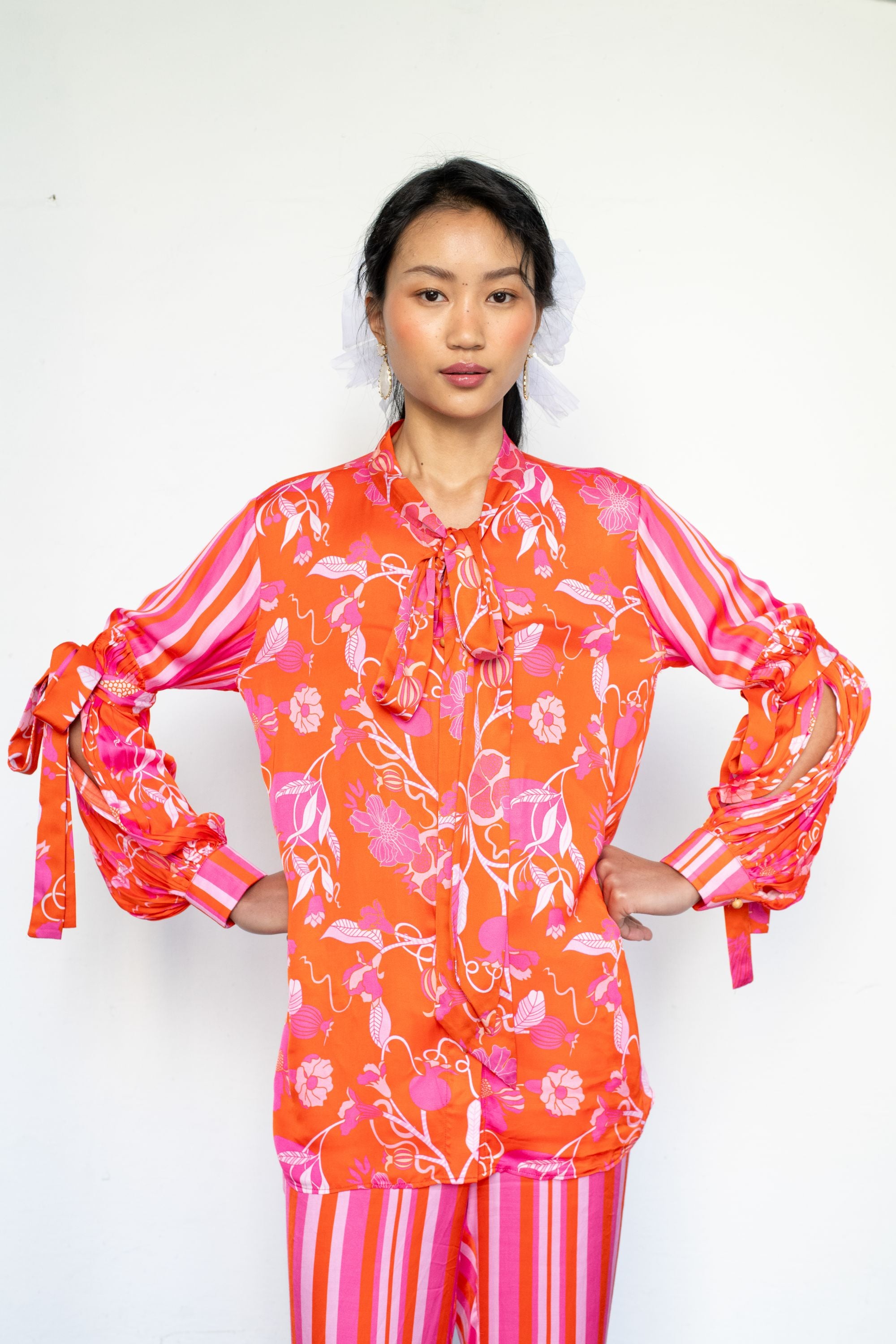 Modal Satin Tie-Knot Top with Slit Sleeves & Striped Pants