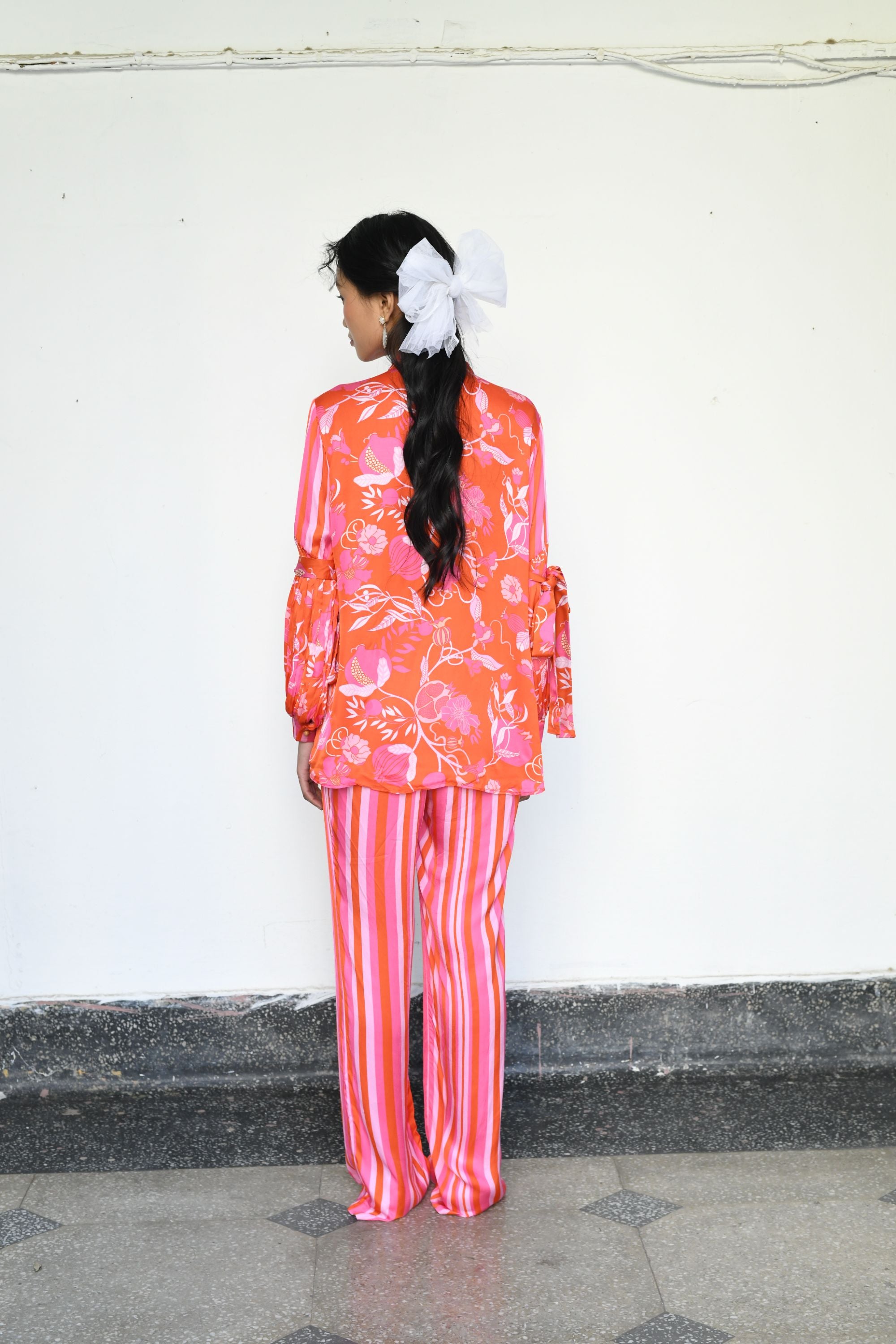 Modal Satin Tie-Knot Top with Slit Sleeves & Striped Pants