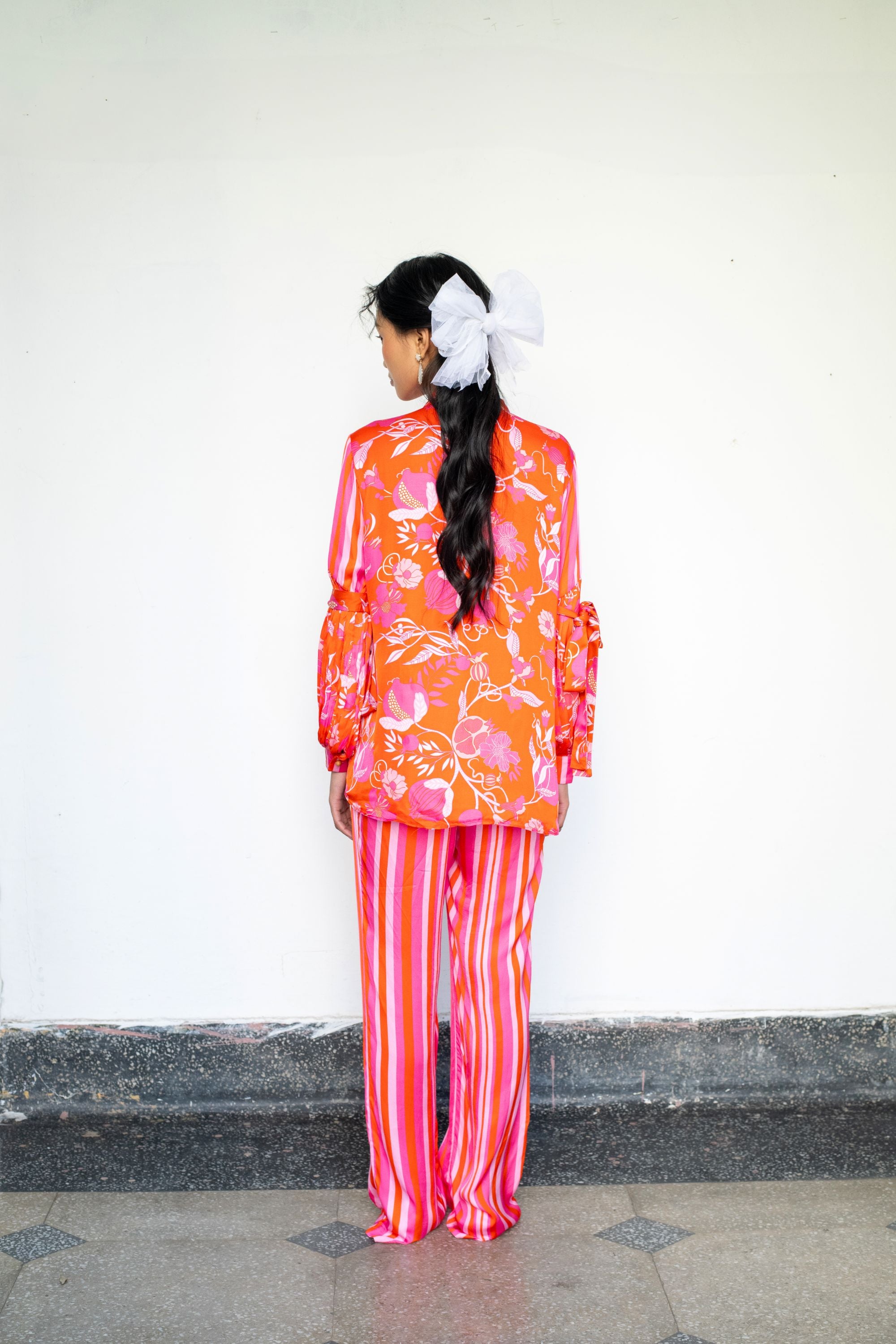 Modal Satin Tie-Knot Top with Slit Sleeves & Striped Pants