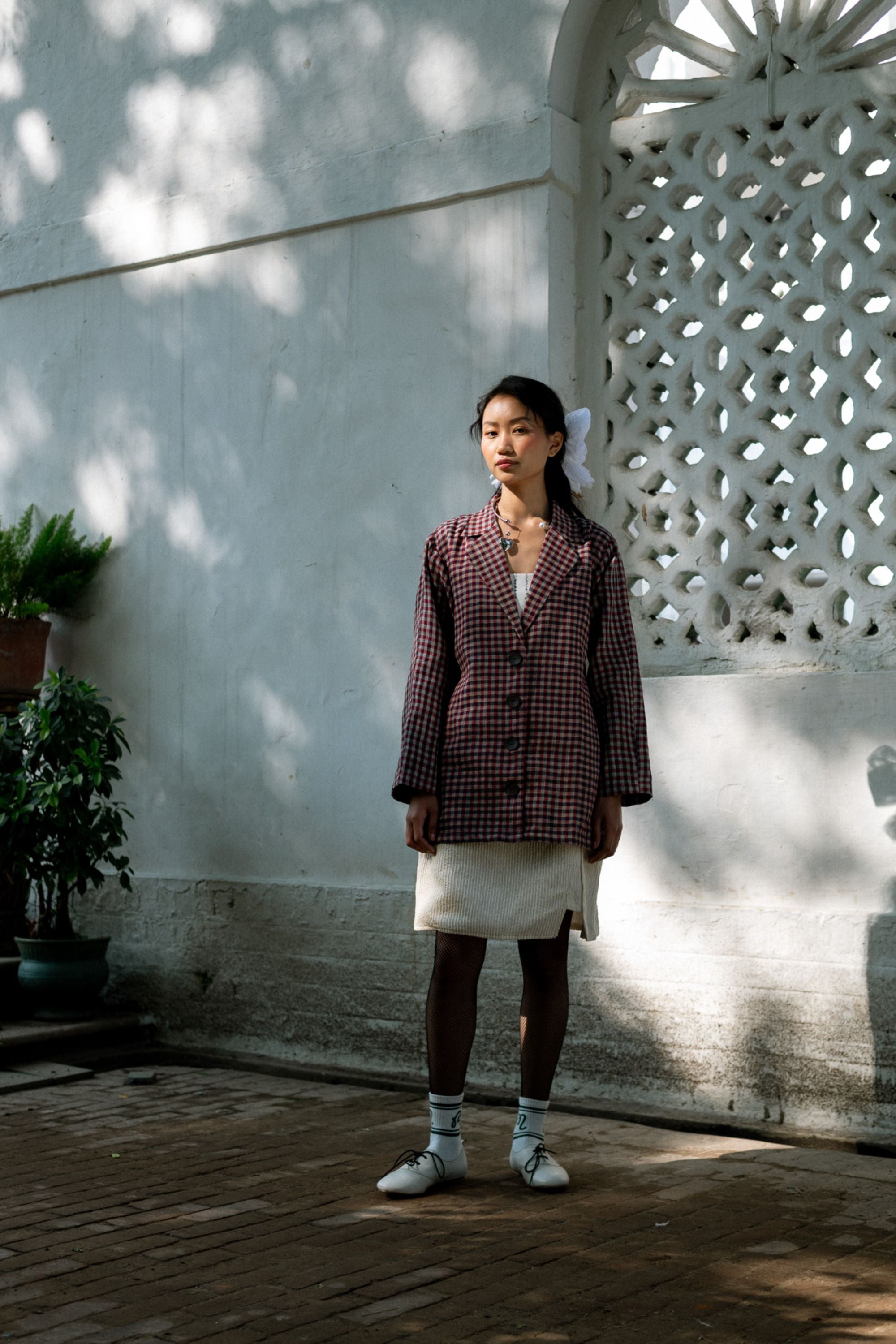 Crisp Linen Jacket with Bralette & Cream Textured Skirt