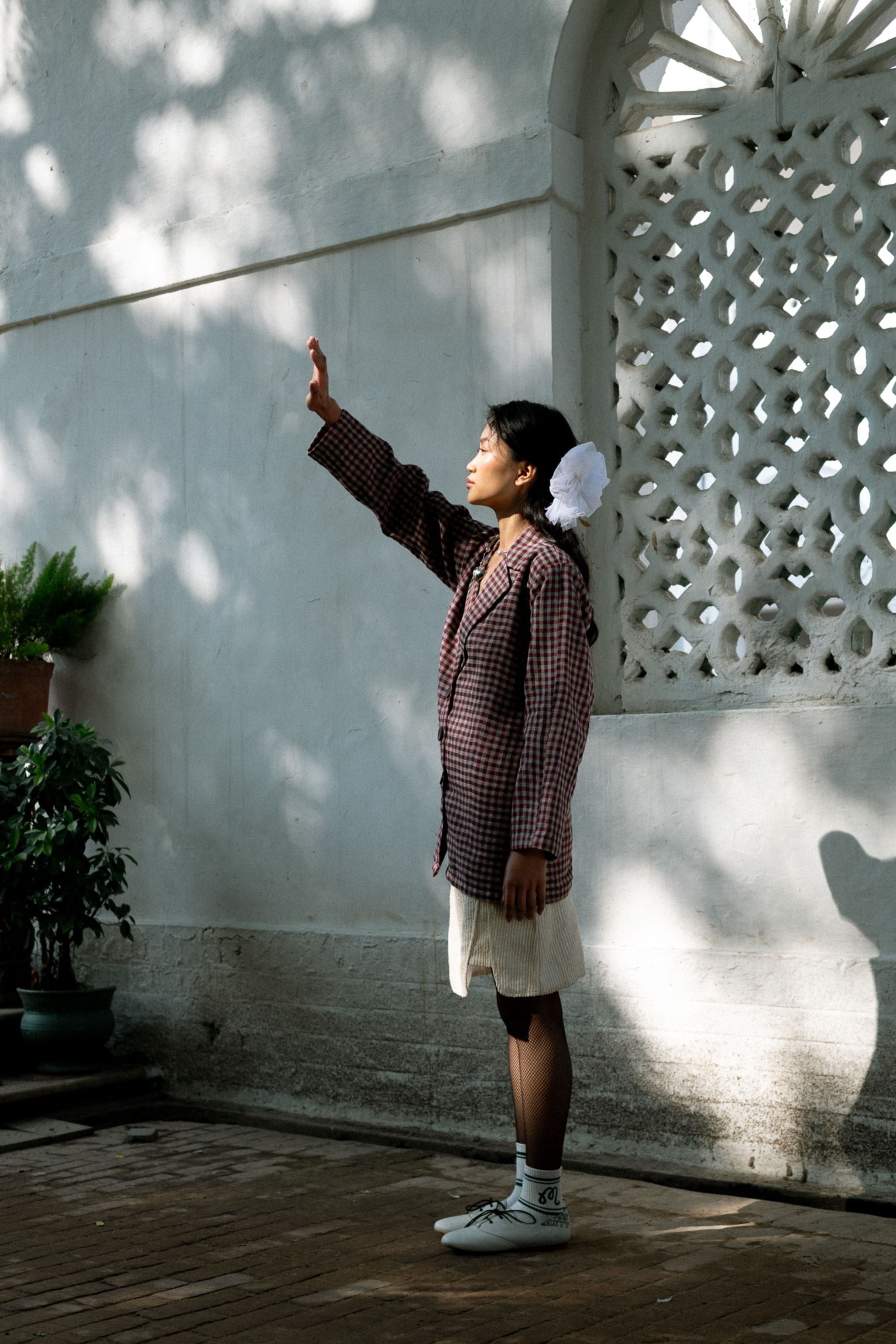 Crisp Linen Jacket with Bralette & Cream Textured Skirt