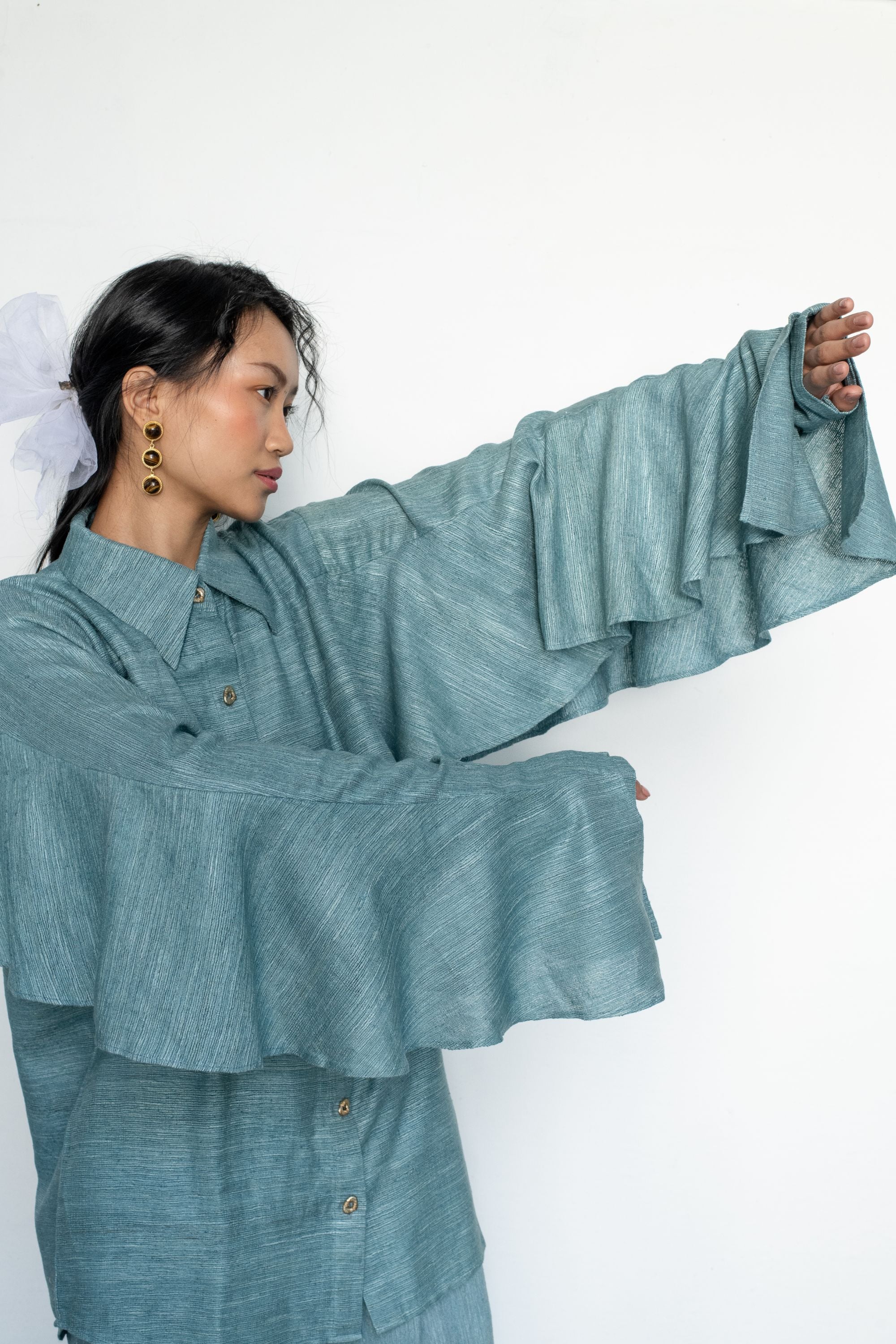 Luxurious Linen Silk Shirt with Dramatic Flares & Wide-Leg Pants