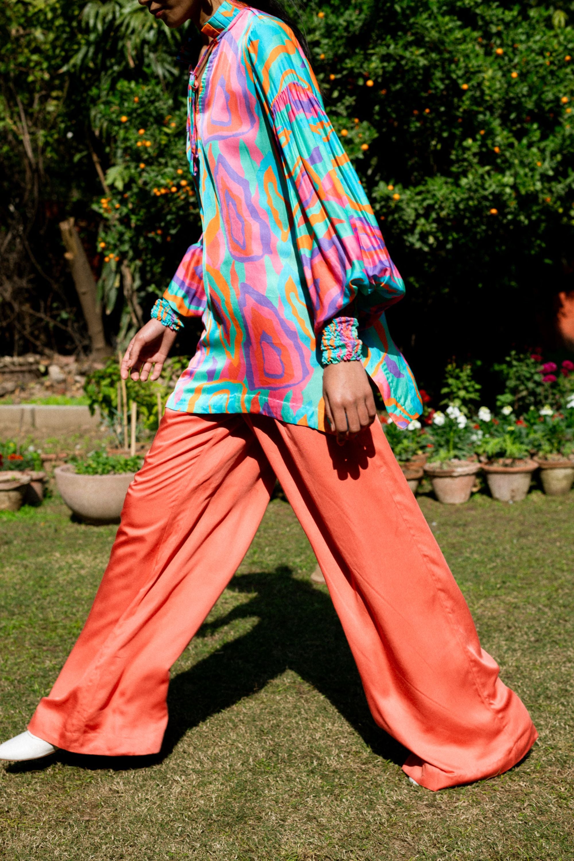 Modal Satin Print Top with Ruffle Collar & Crimson Pants