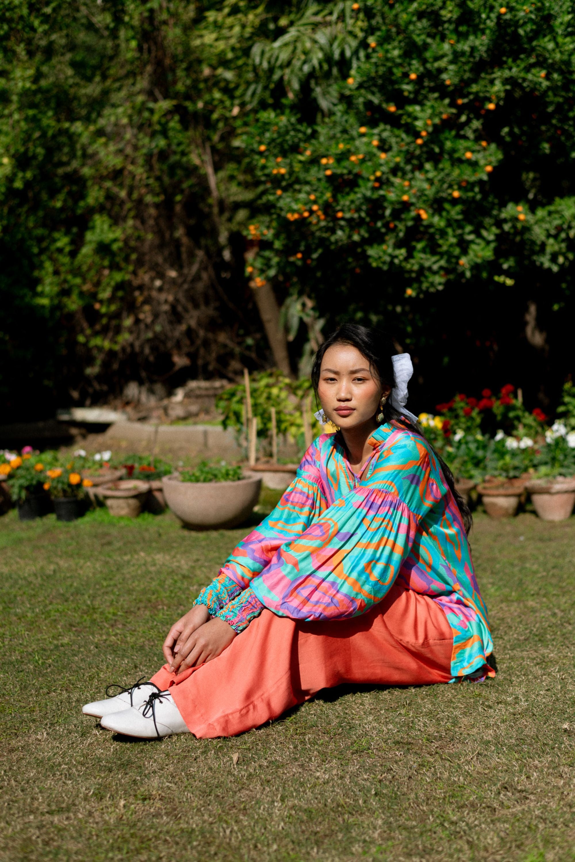 Modal Satin Print Top with Ruffle Collar & Crimson Pants