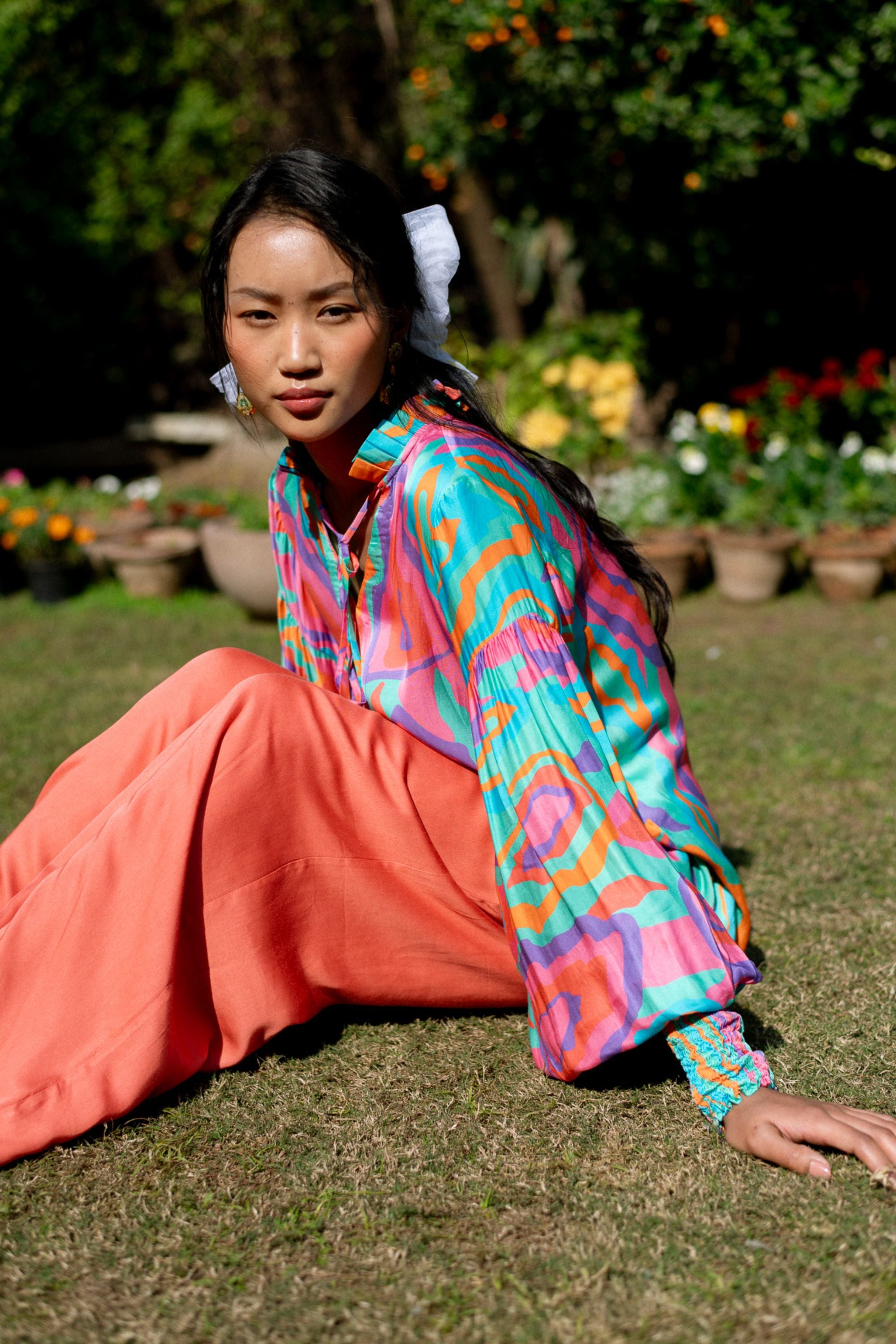 Modal Satin Print Top with Ruffle Collar & Crimson Pants