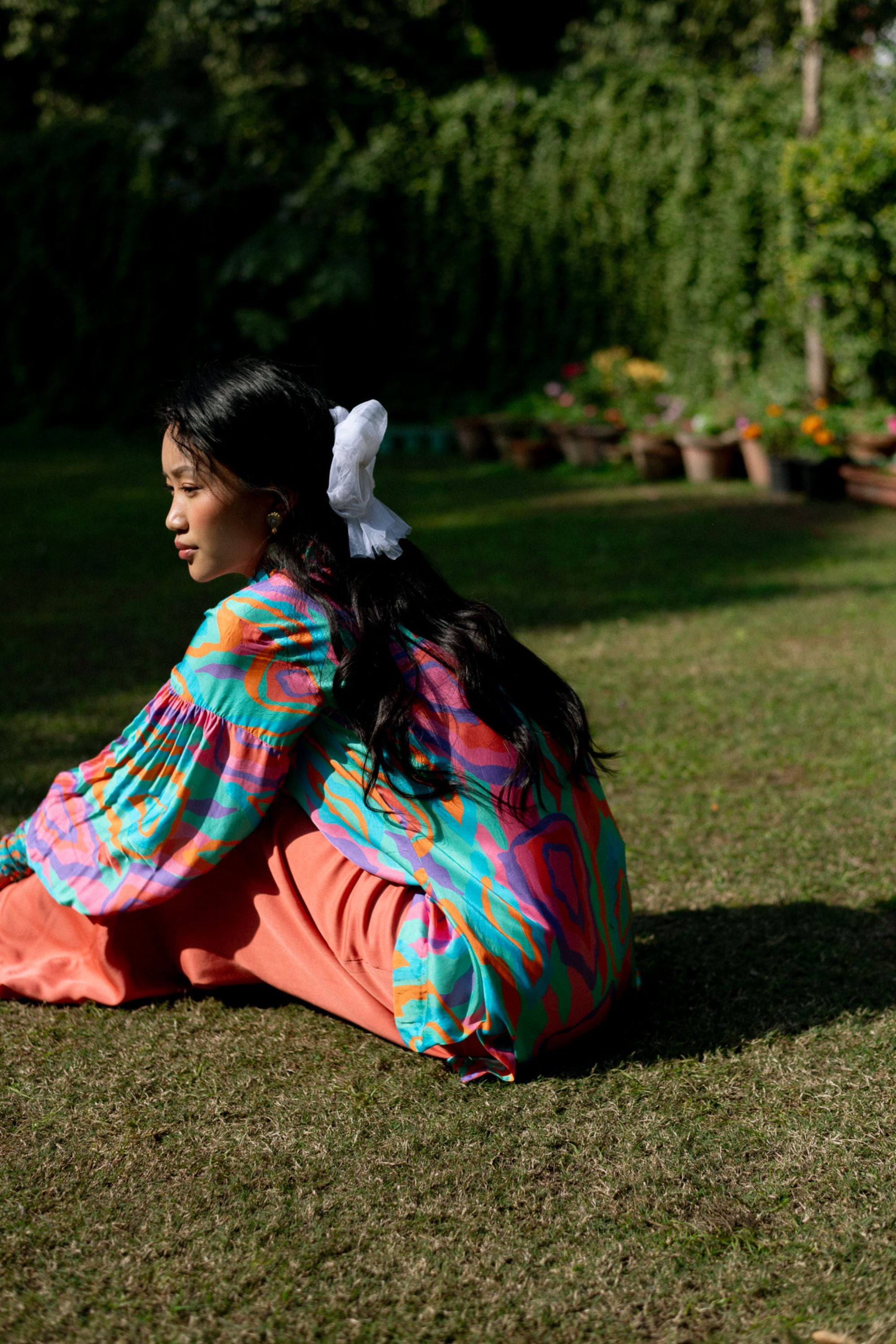 Modal Satin Print Top with Ruffle Collar & Crimson Pants