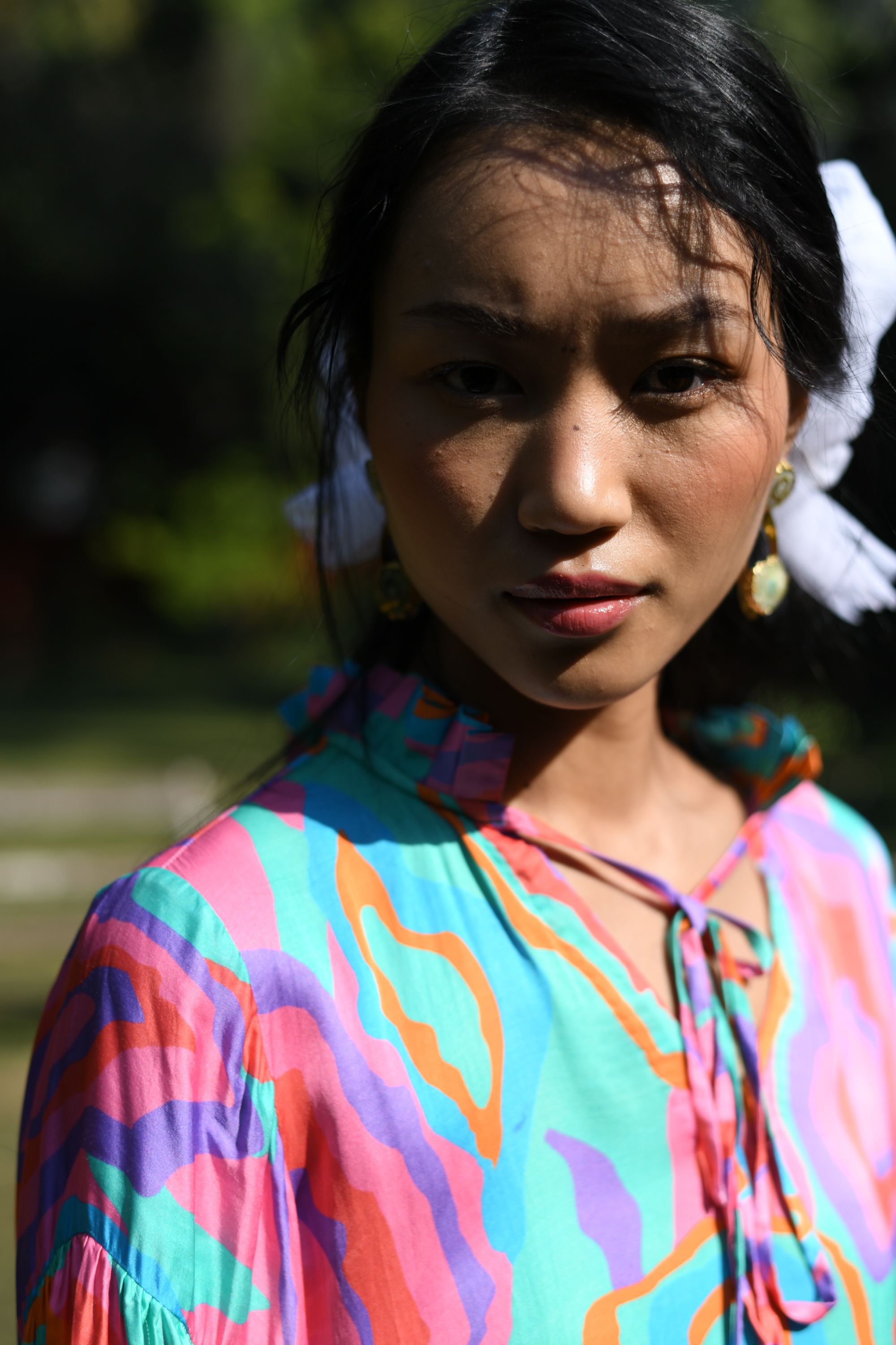 Modal Satin Print Top with Ruffle Collar & Crimson Pants