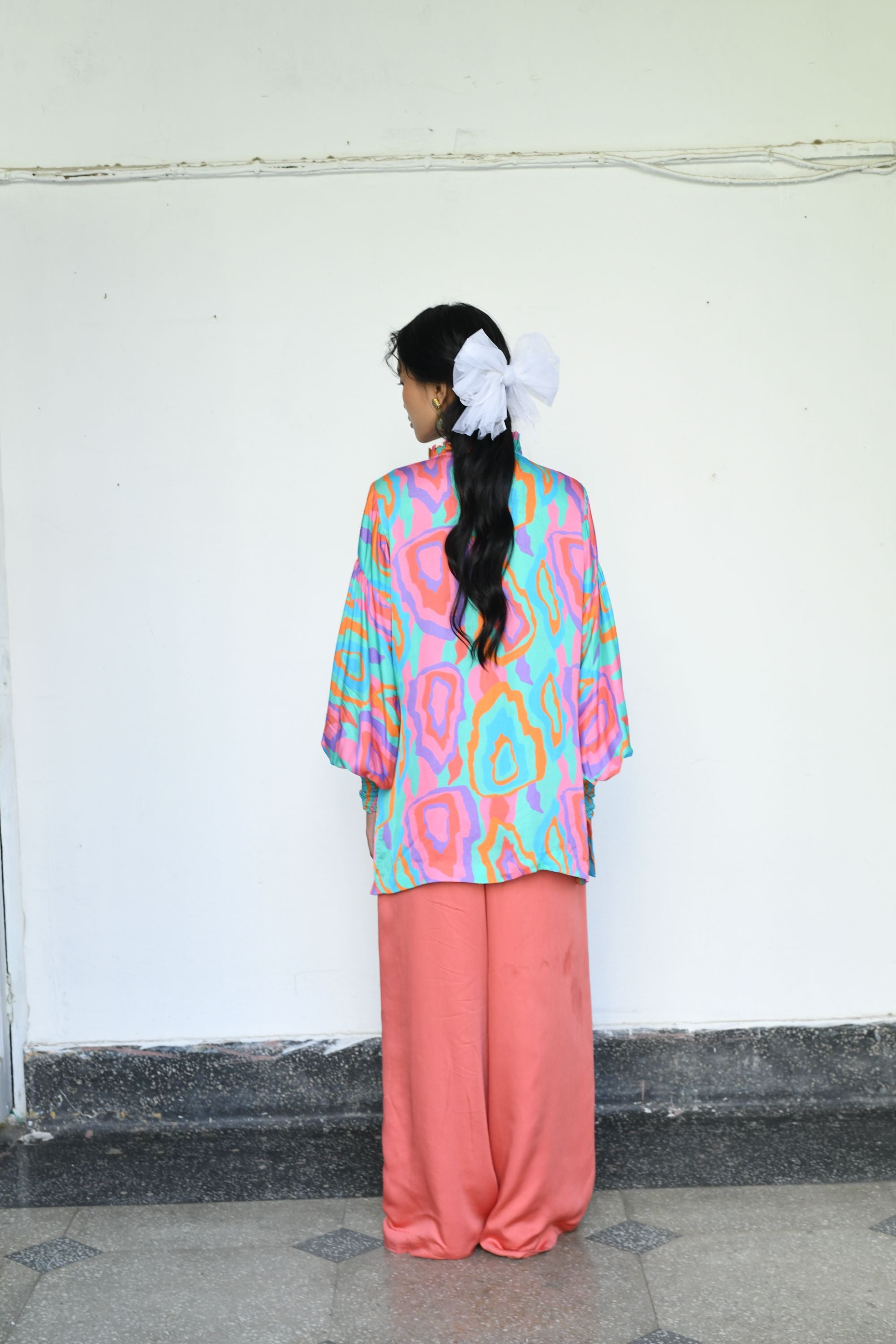 Modal Satin Print Top with Ruffle Collar & Crimson Pants