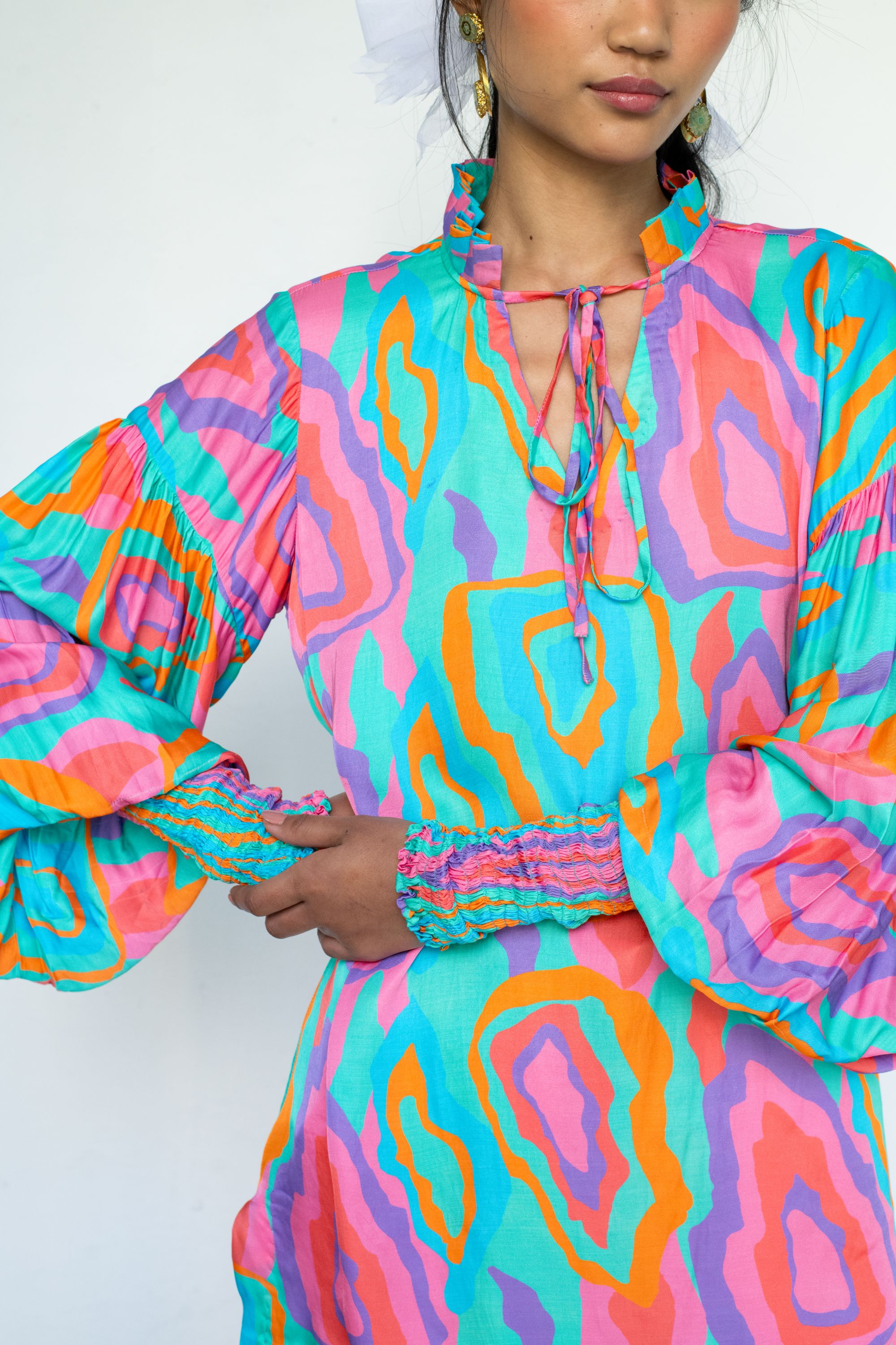 Modal Satin Print Top with Ruffle Collar & Crimson Pants