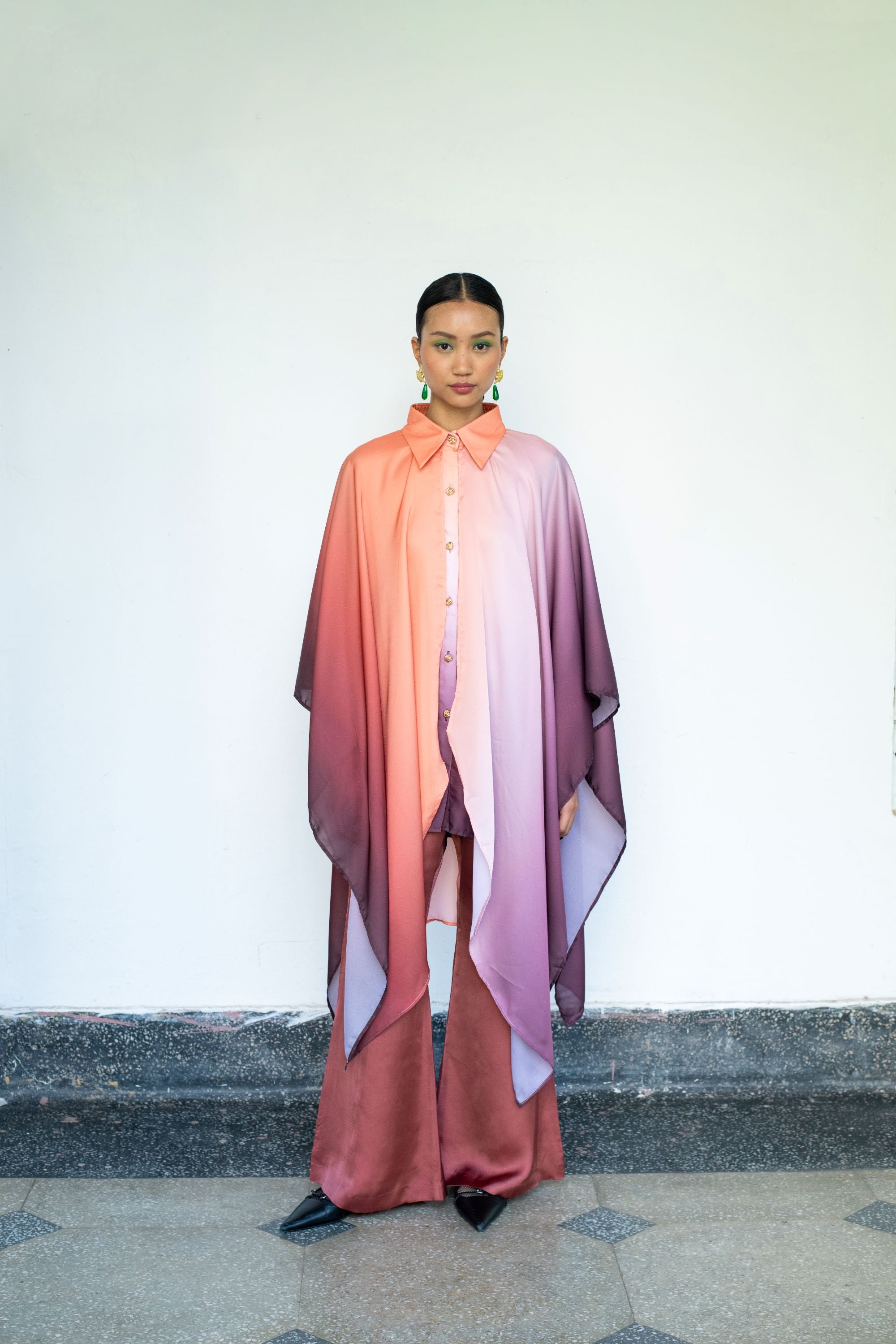 Ombre Modal Satin Shirt with Cape & Streamlined Trousers