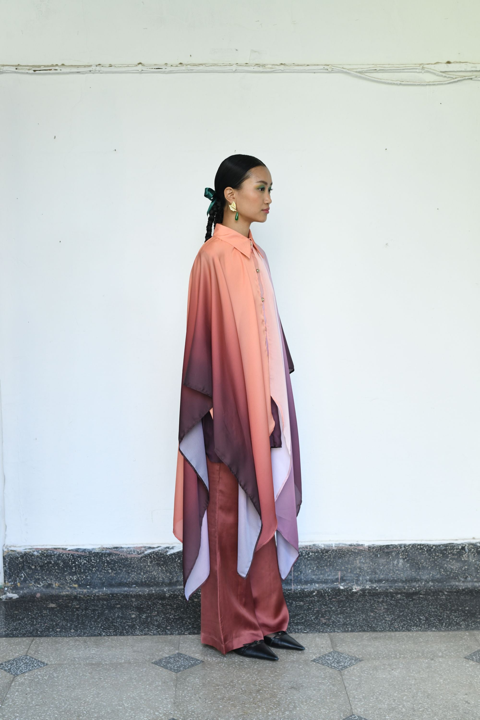 Ombre Modal Satin Shirt with Cape & Streamlined Trousers