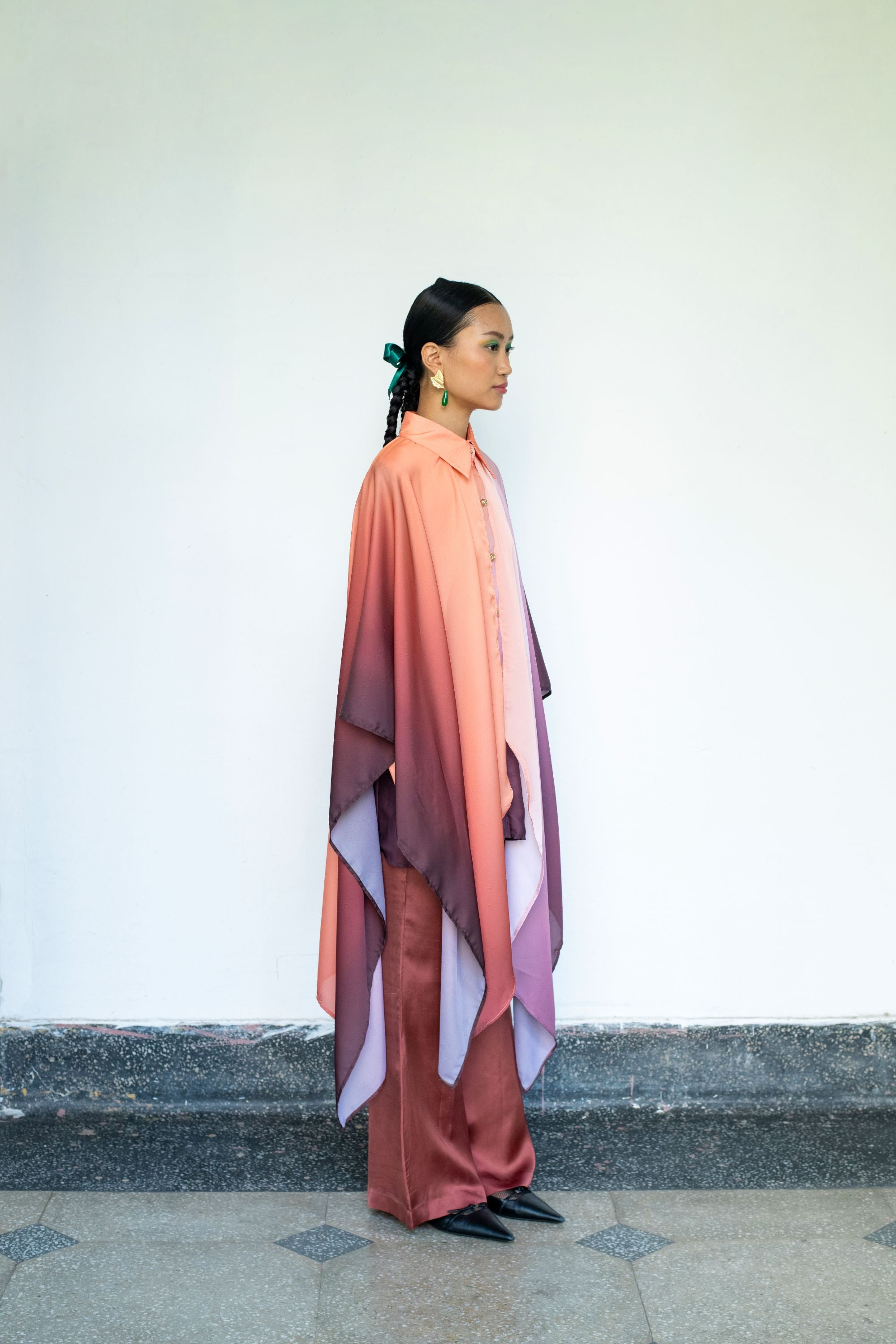 Ombre Modal Satin Shirt with Cape & Streamlined Trousers