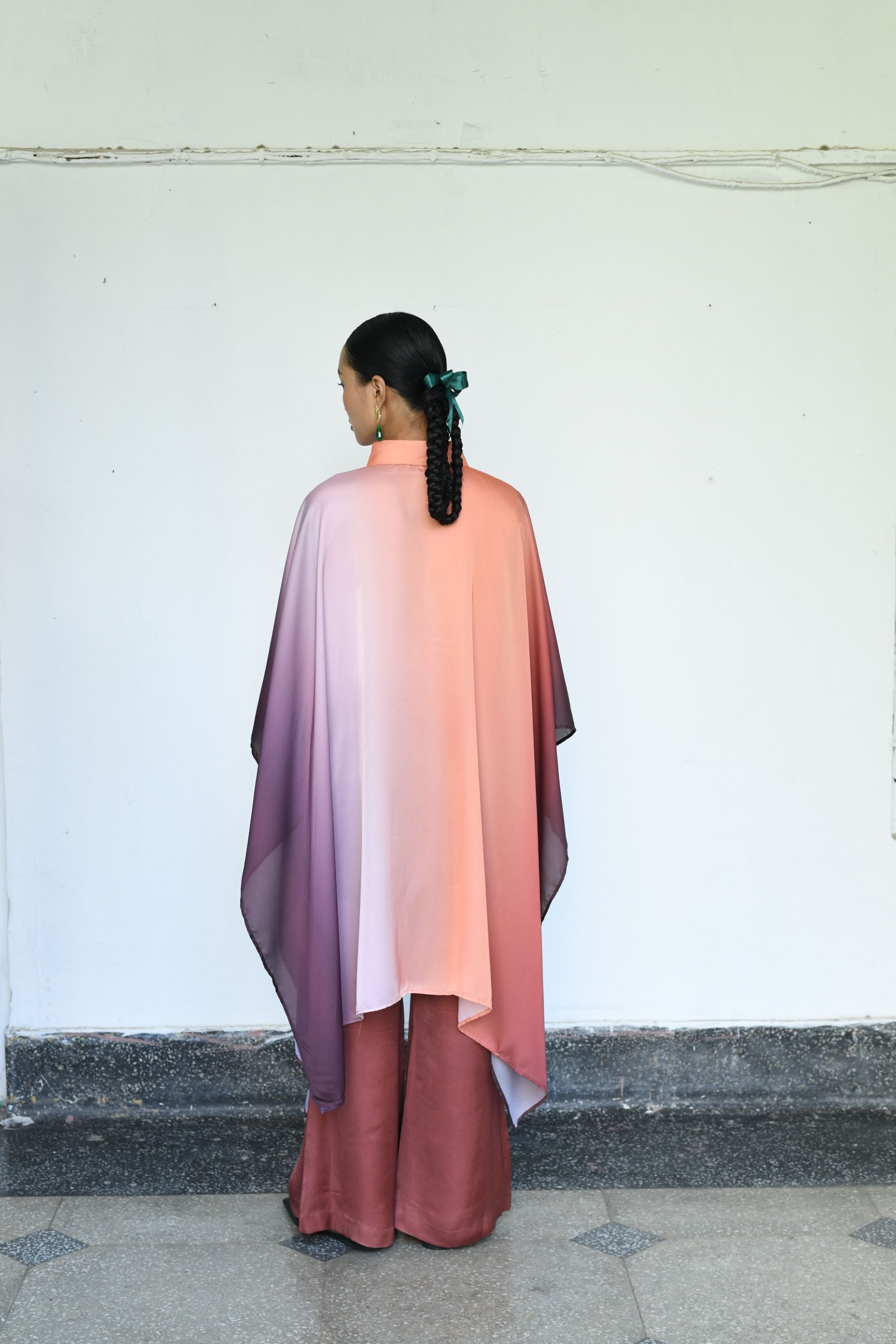 Ombre Modal Satin Shirt with Cape & Streamlined Trousers