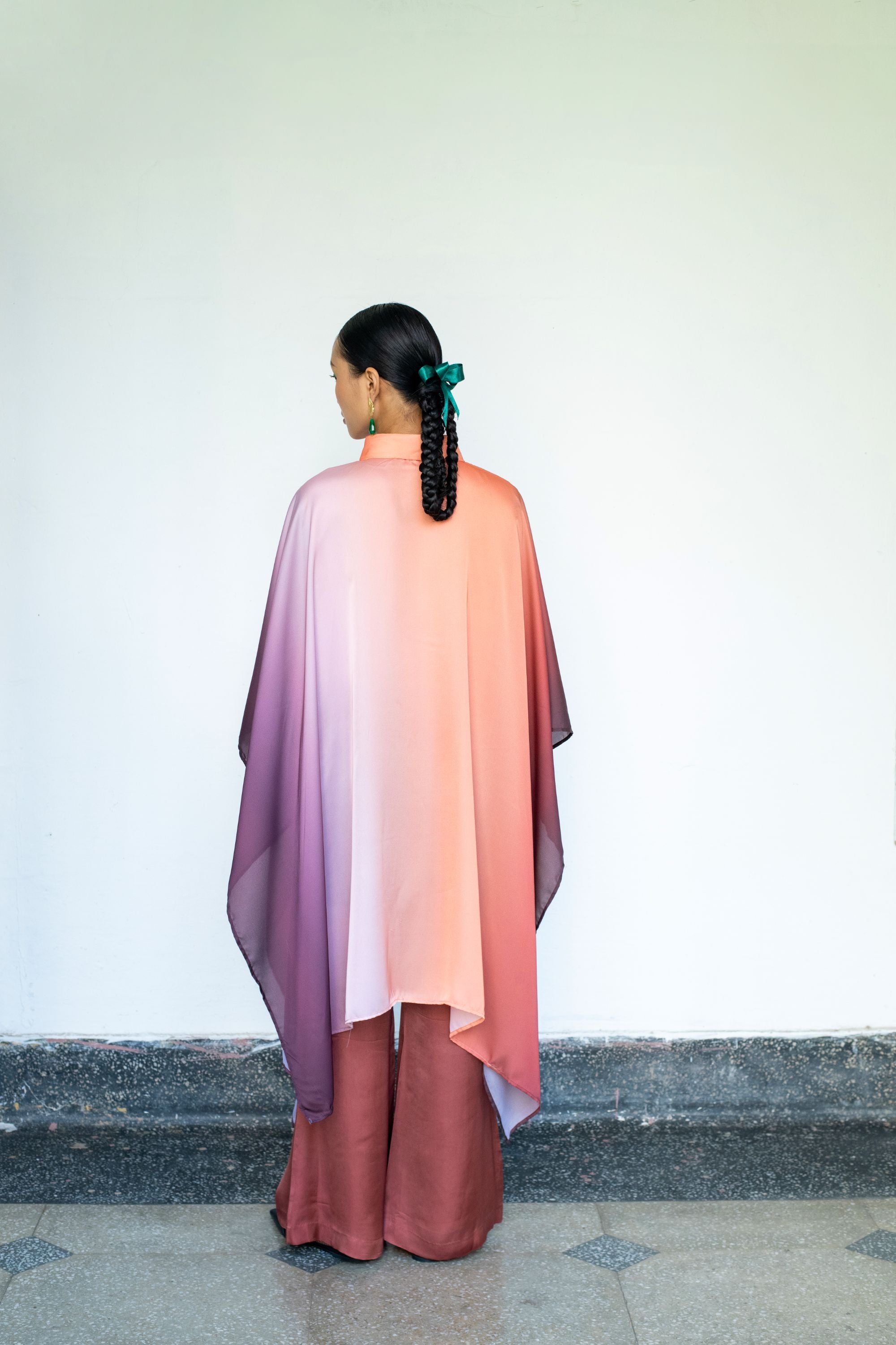 Ombre Modal Satin Shirt with Cape & Streamlined Trousers