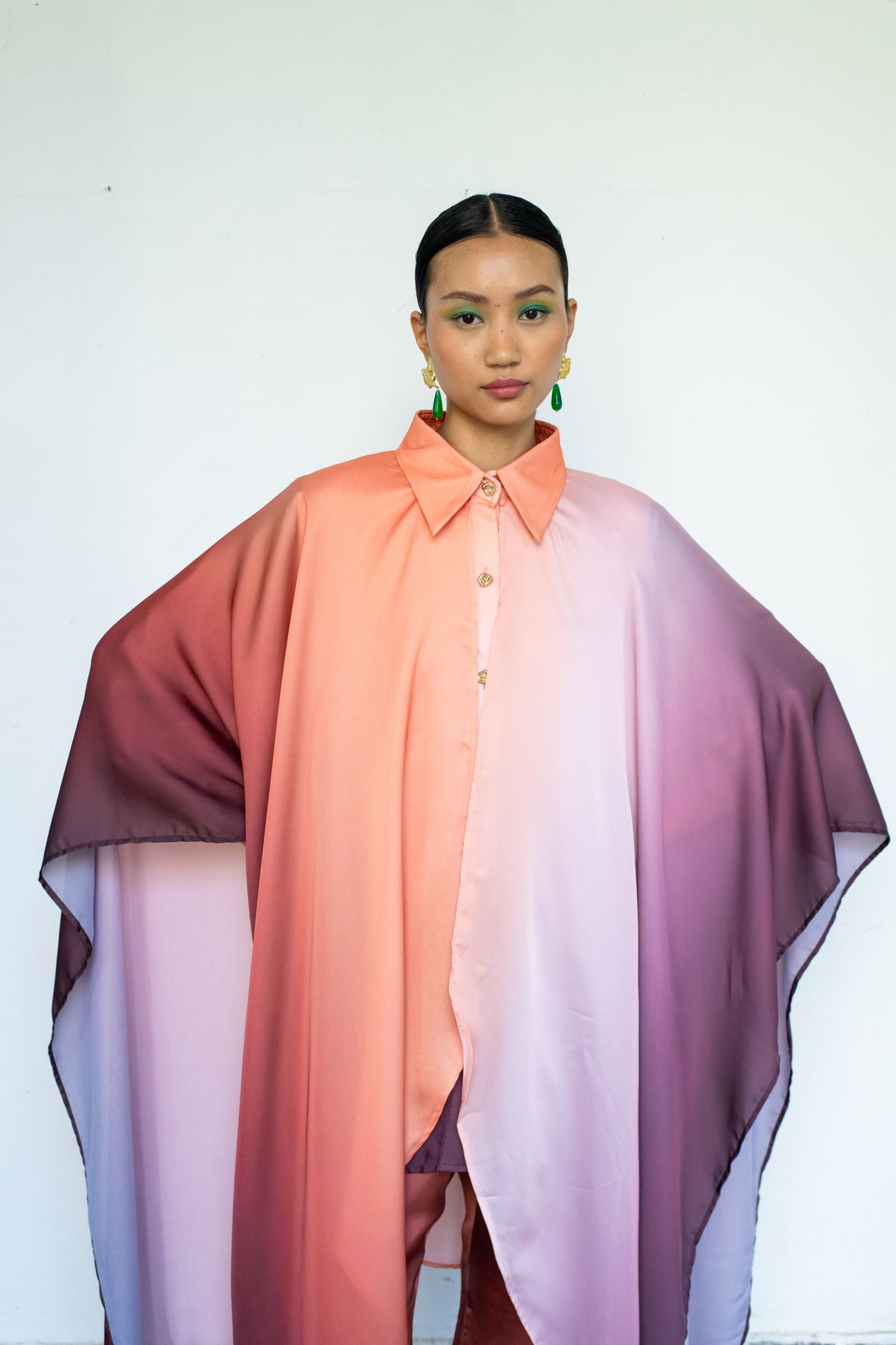 Ombre Modal Satin Shirt with Cape & Streamlined Trousers