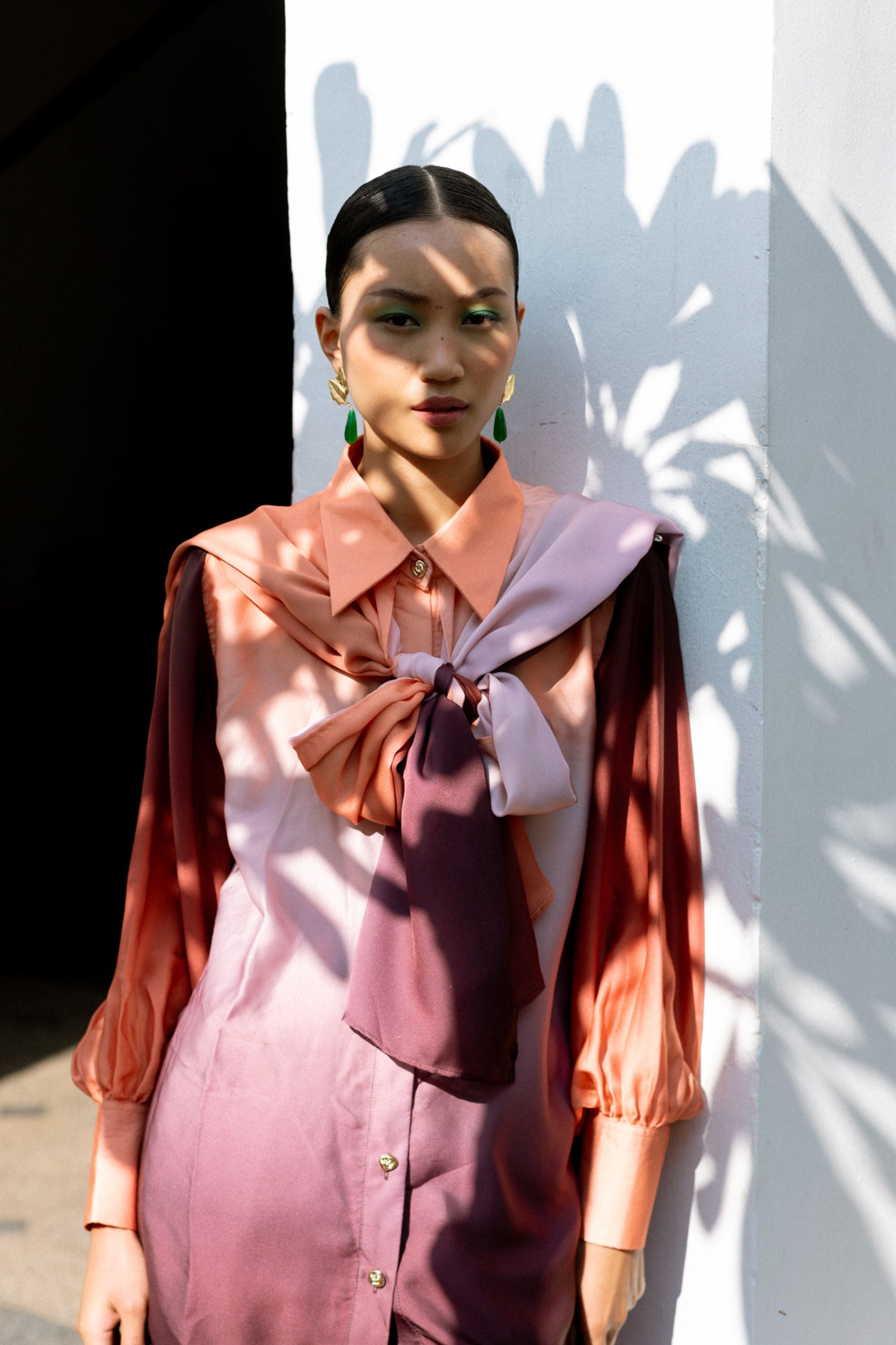 Ombre Modal Satin Shirt with Cape & Streamlined Trousers