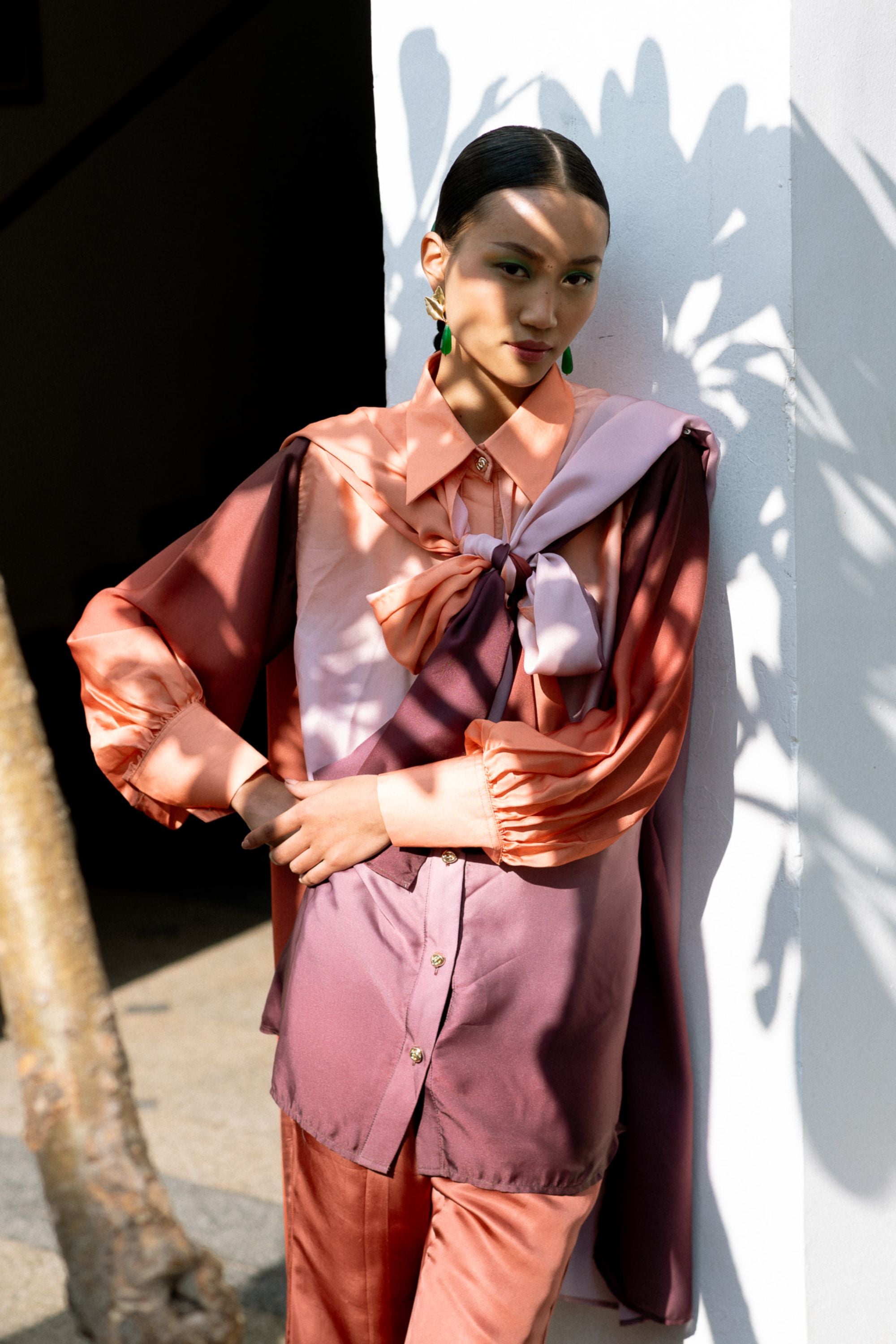 Ombre Modal Satin Shirt with Cape & Streamlined Trousers