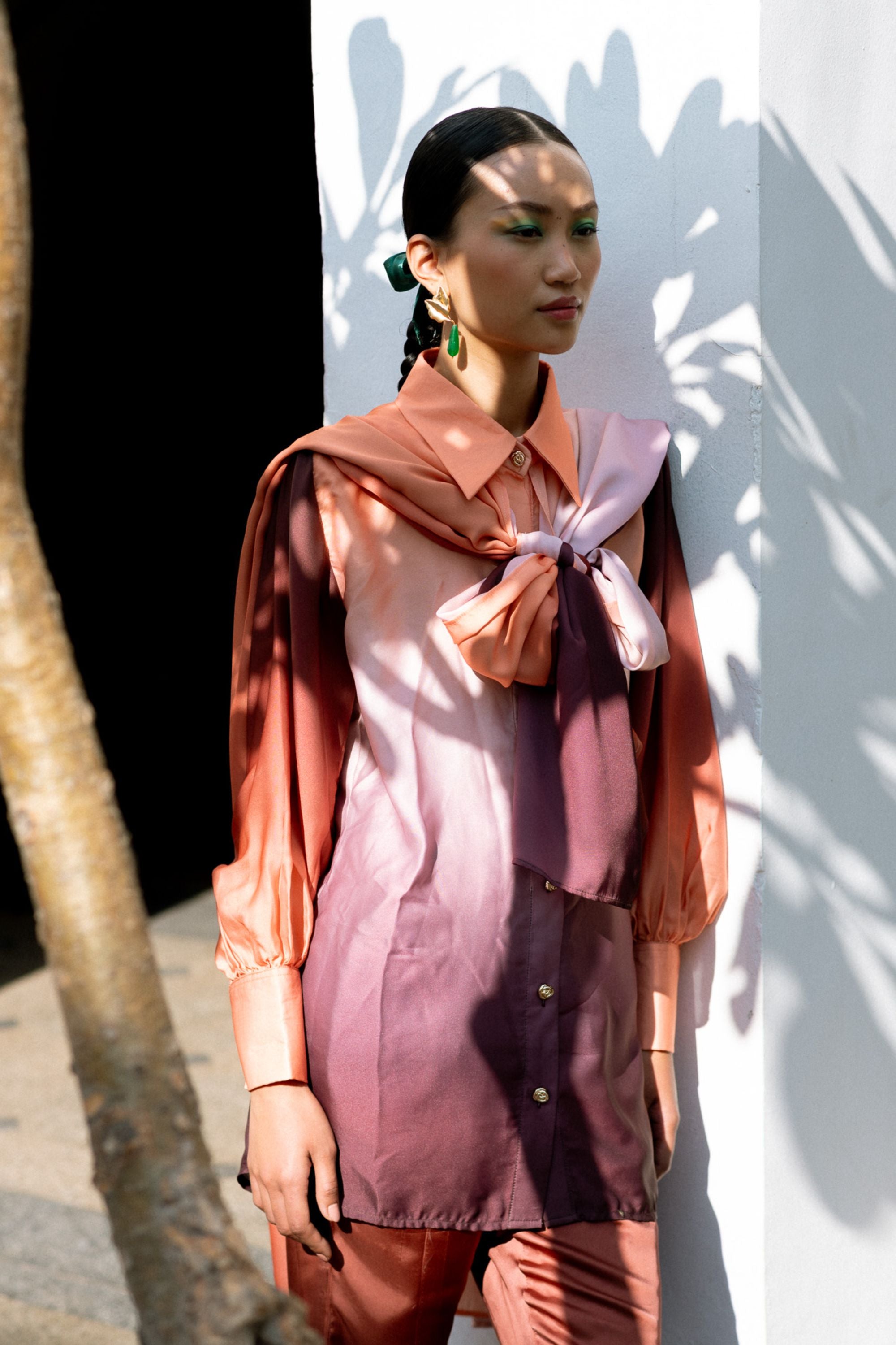 Ombre Modal Satin Shirt with Cape & Streamlined Trousers