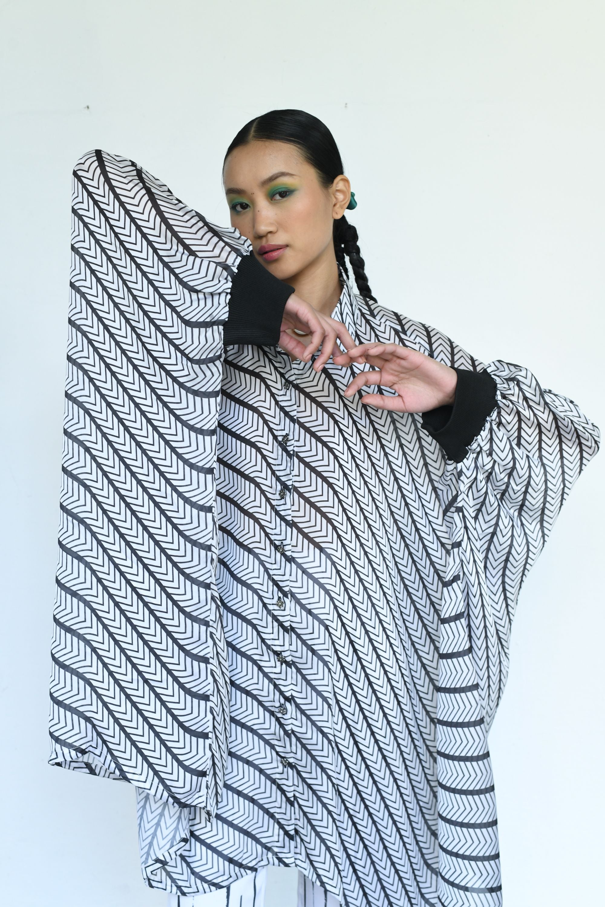 Black & White Print Kaftan Shirt with Broad Collar & Flair Pants