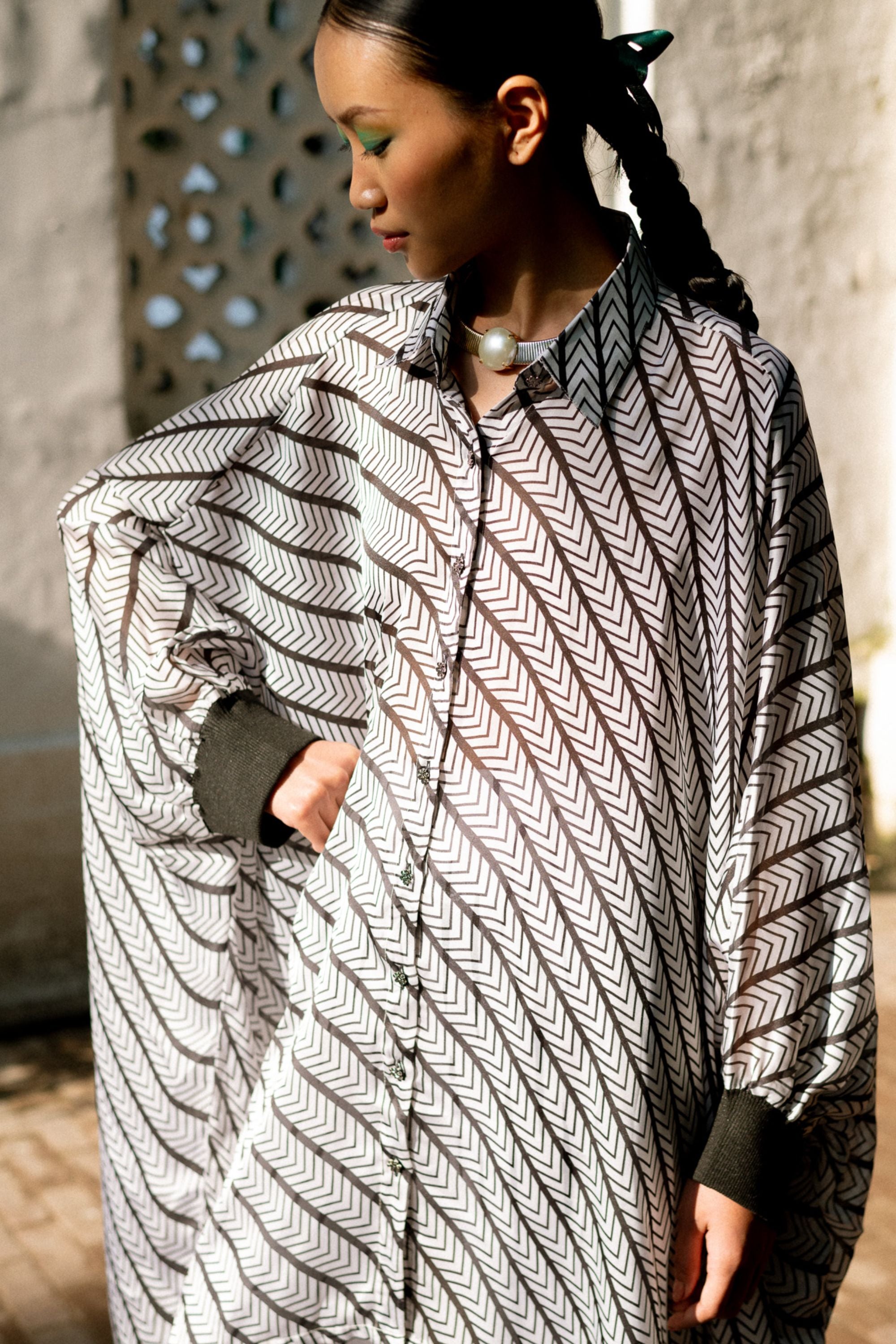 Black & White Print Kaftan Shirt with Broad Collar & Flair Pants