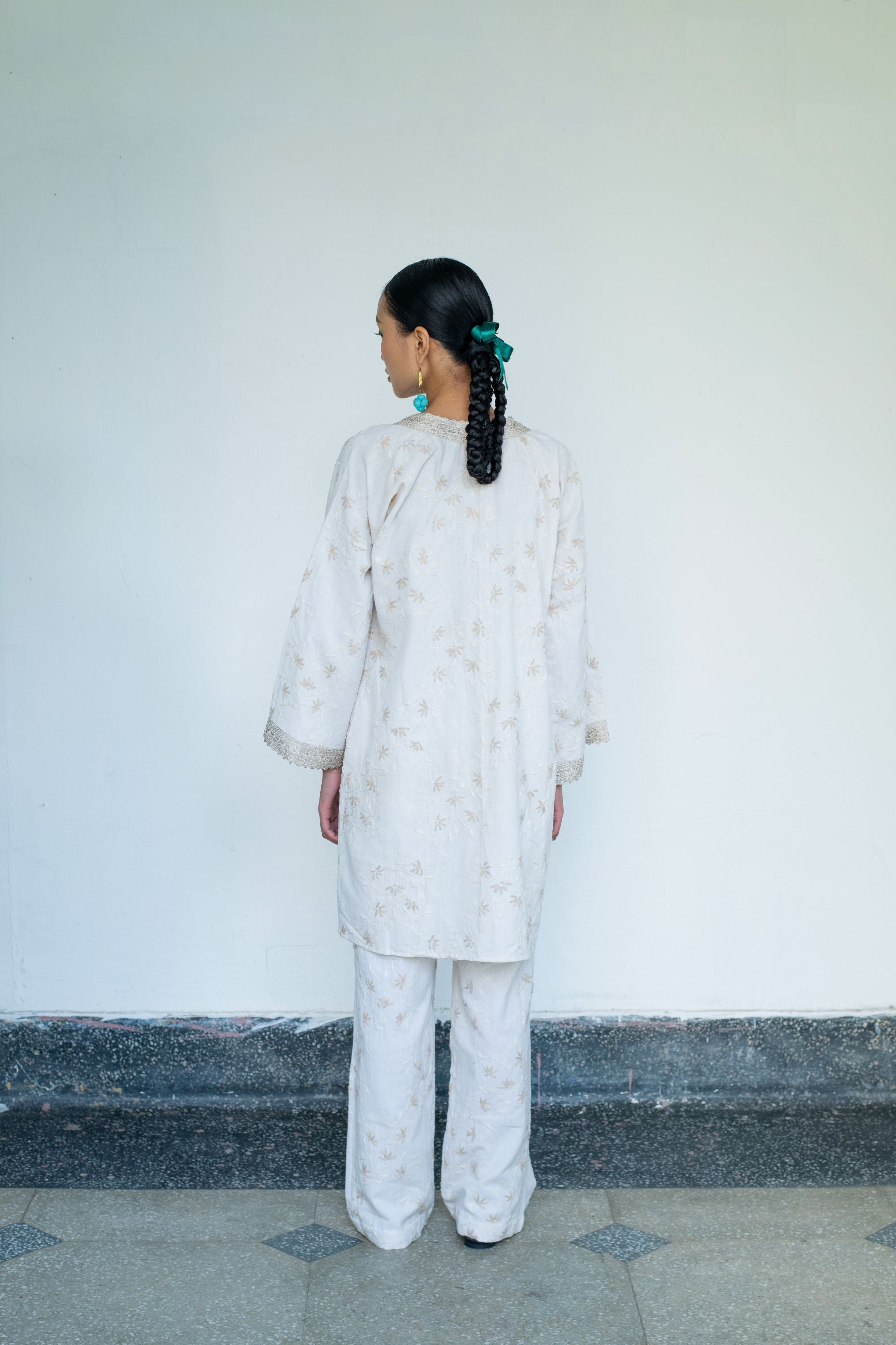 Embroidered Linen Kaftan Shrug with Nude Bralette & Threadwork Pants