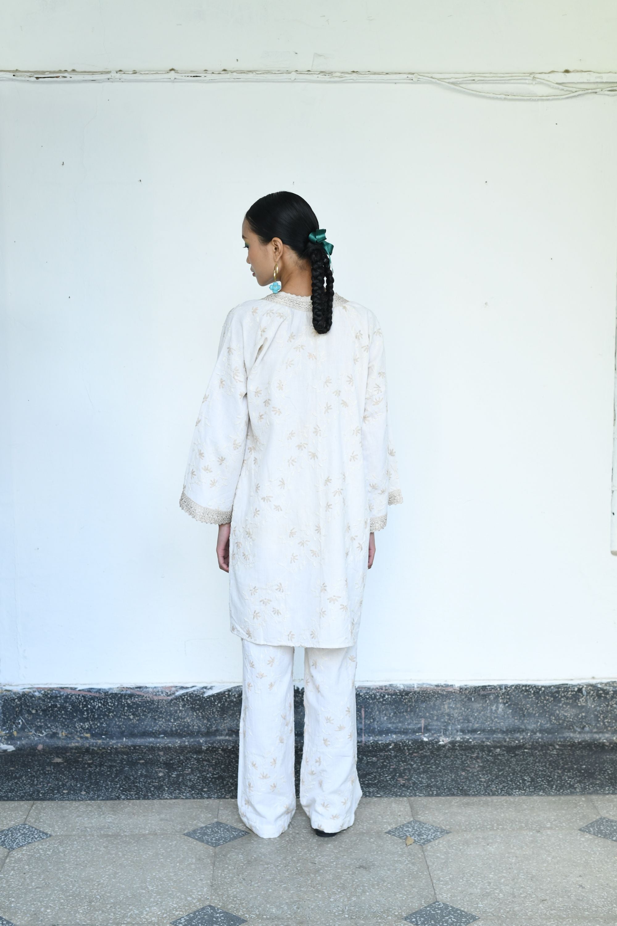 Embroidered Linen Kaftan Shrug with Nude Bralette & Threadwork Pants