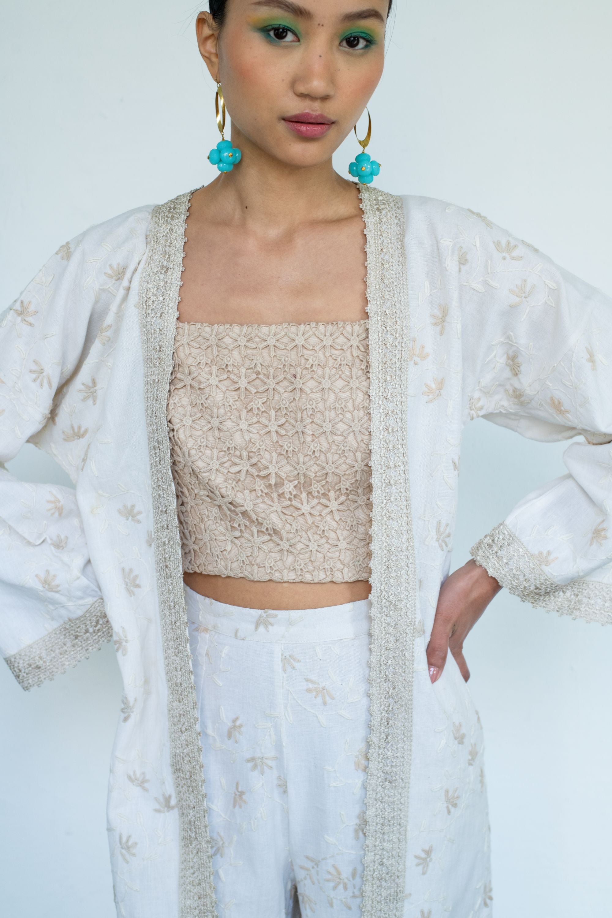 Embroidered Linen Kaftan Shrug with Nude Bralette & Threadwork Pants