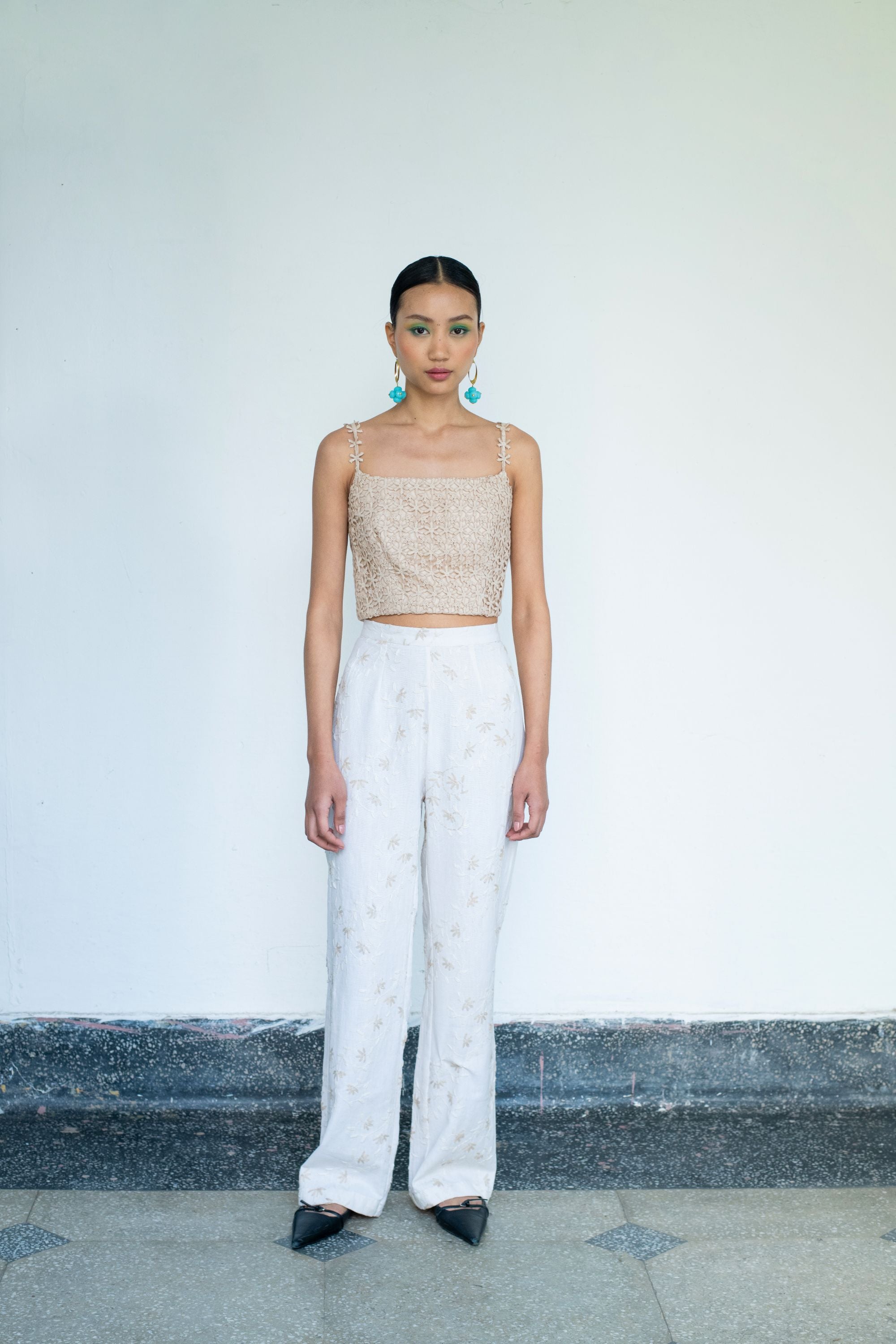 Embroidered Linen Kaftan Shrug with Nude Bralette & Threadwork Pants