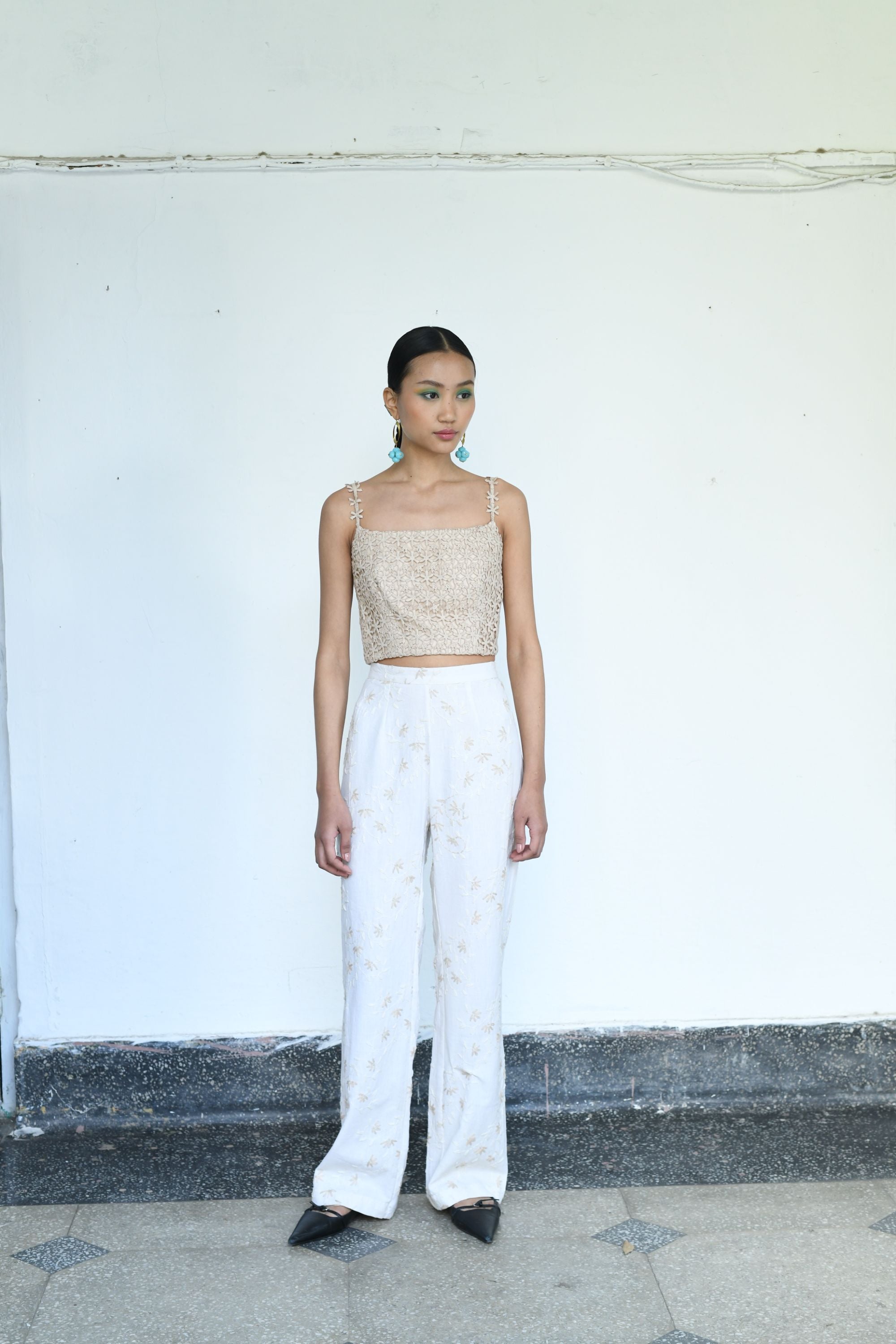 Embroidered Linen Kaftan Shrug with Nude Bralette & Threadwork Pants